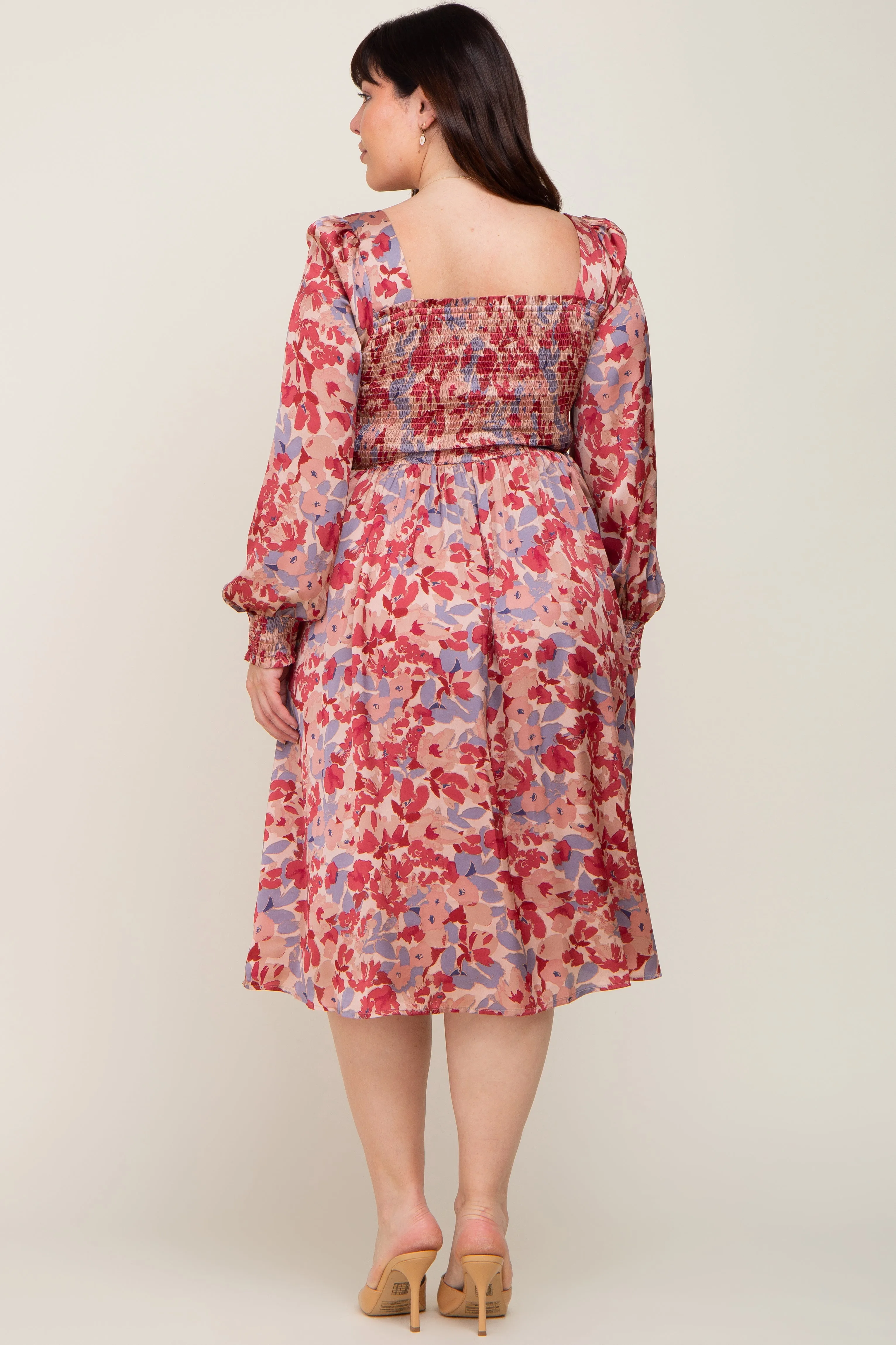 Burgundy Floral Smocked Plus Satin Dress sold by Pinkblush product image thumbnail 3