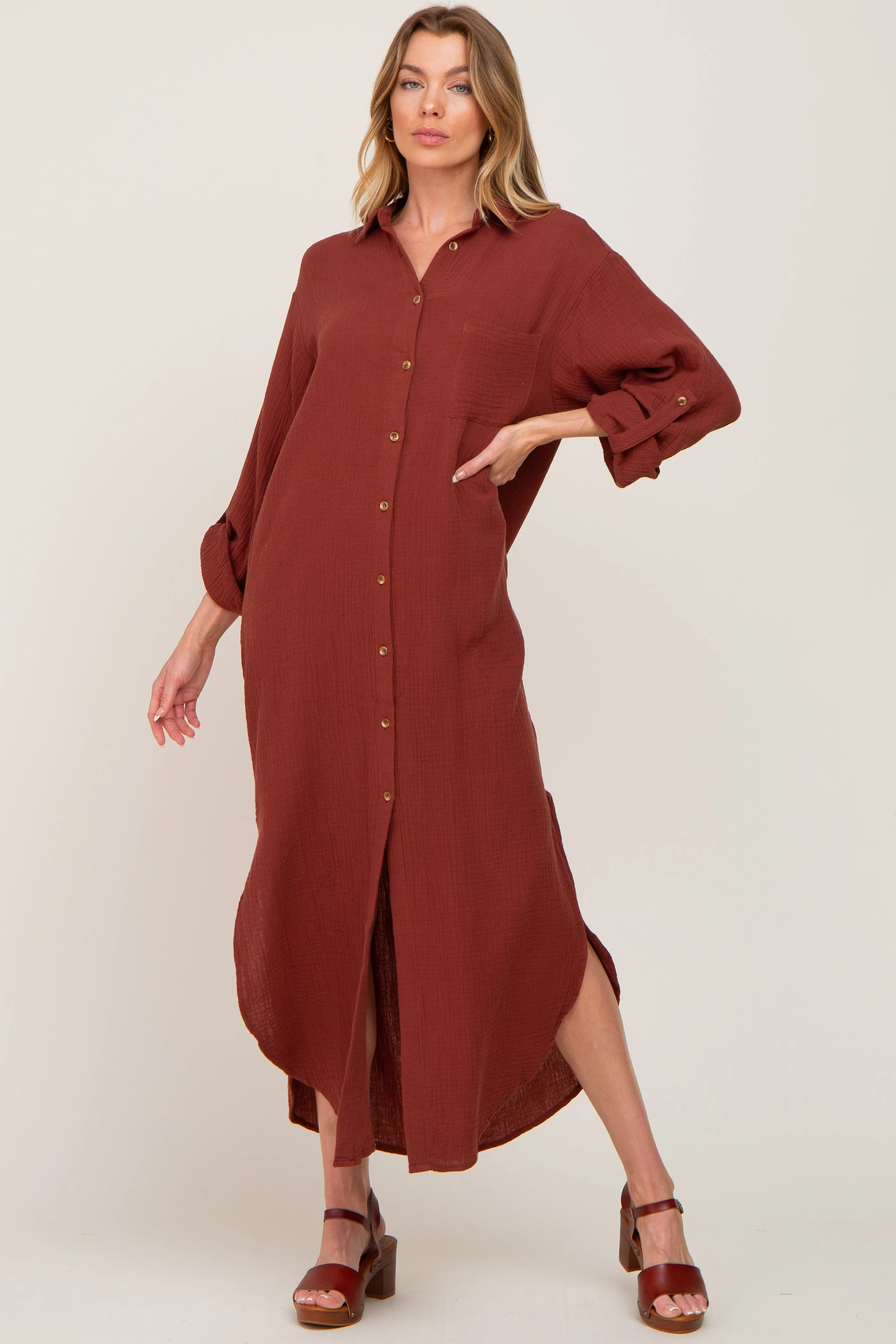Rust Button Down 3/4 Sleeve Midi Dress sold by Pinkblush product image thumbnail 4