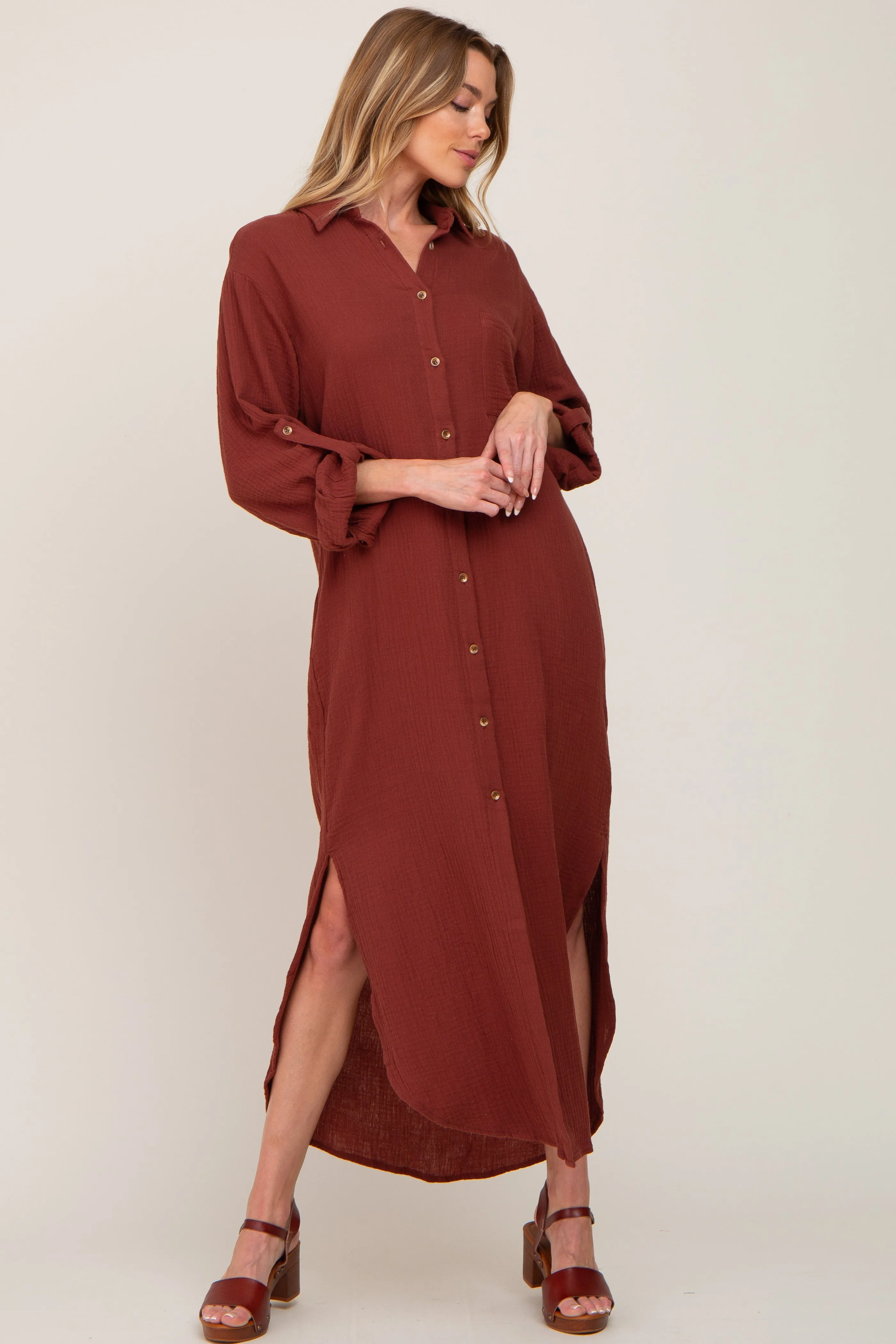 Rust Button Down 3/4 Sleeve Midi Dress sold by Pinkblush
