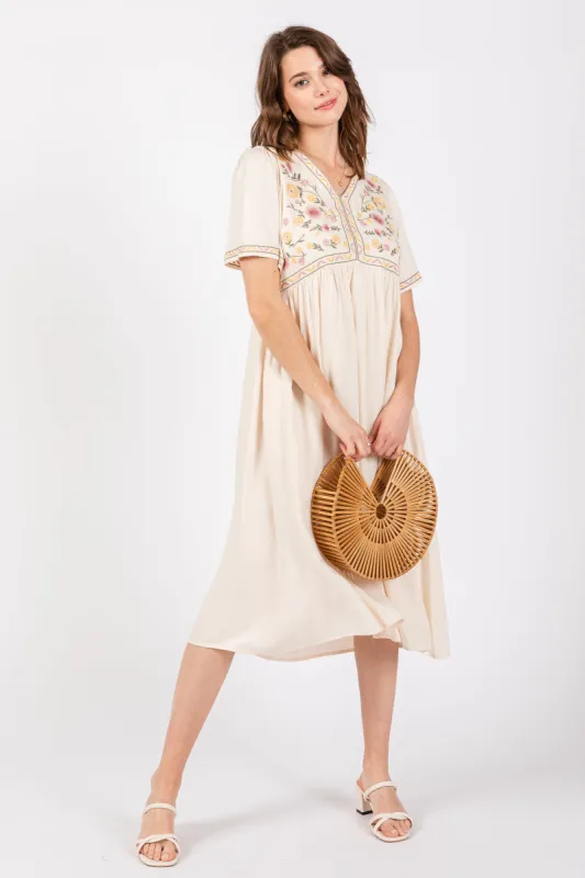 Cream Short Sleeve V-Neck Midi Dress sold by Pinkblush