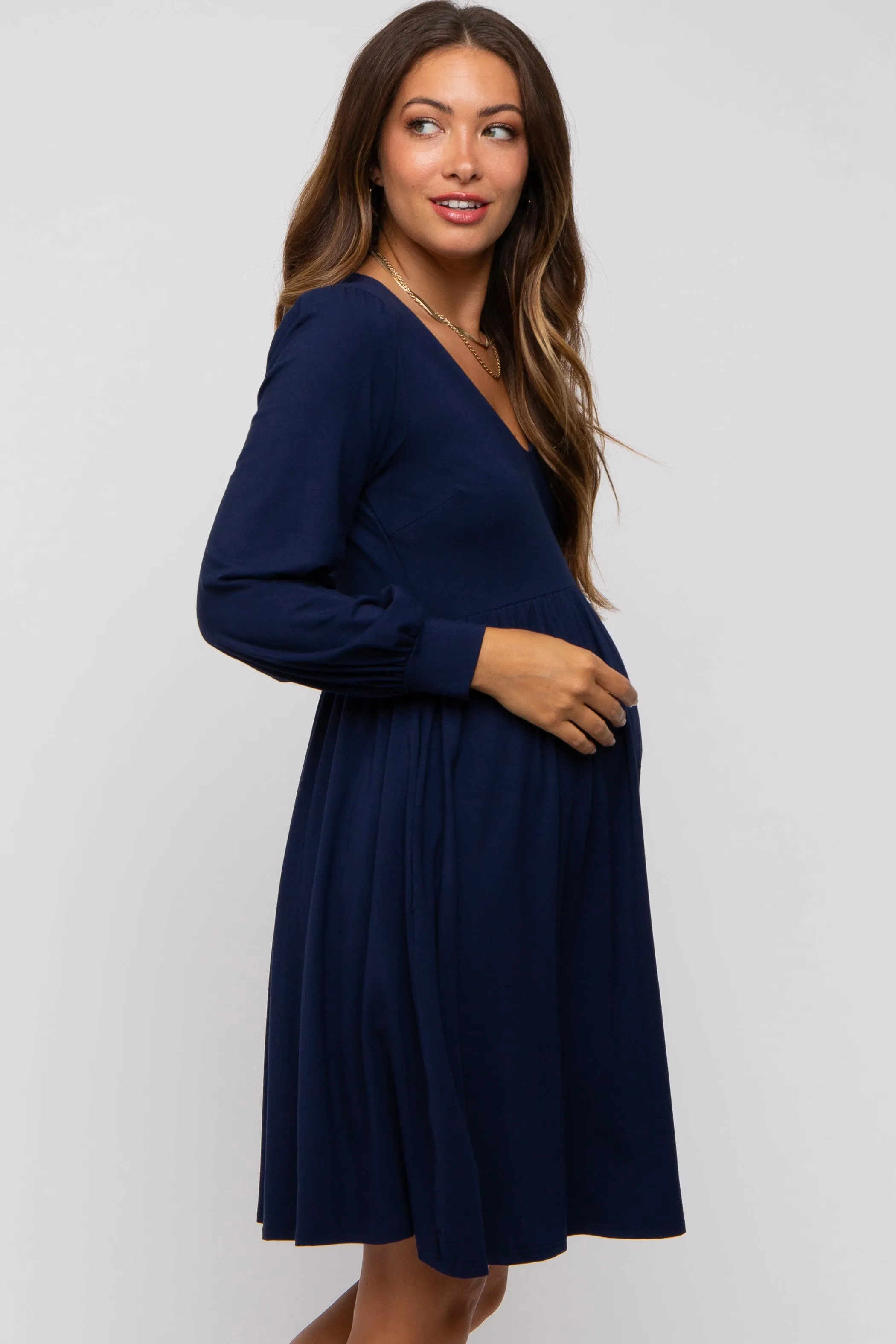 Navy Long Puff Sleeve Maternity Dress sold by Pinkblush product image thumbnail 2