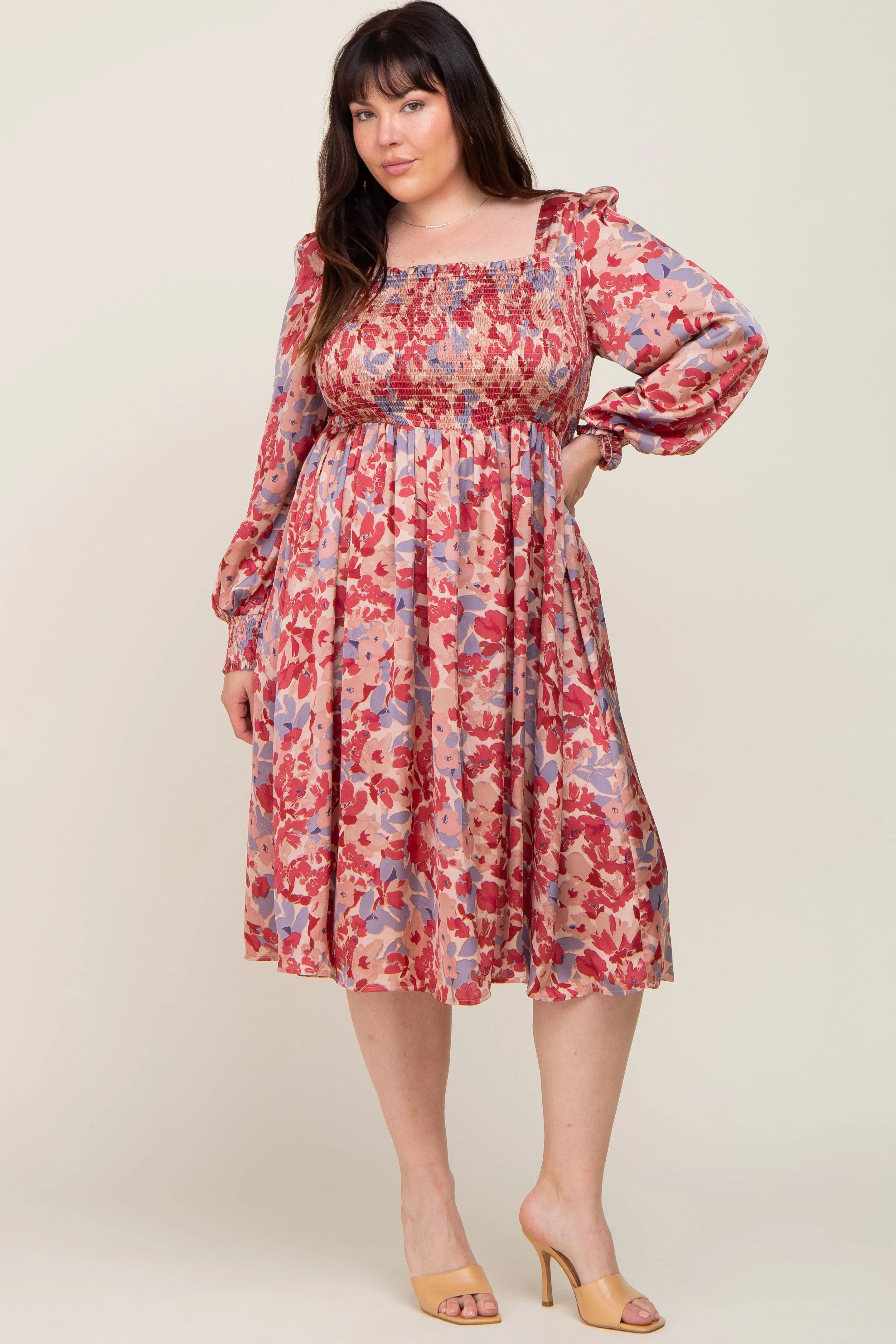 Burgundy Floral Smocked Plus Satin Dress sold by Pinkblush product image thumbnail 4