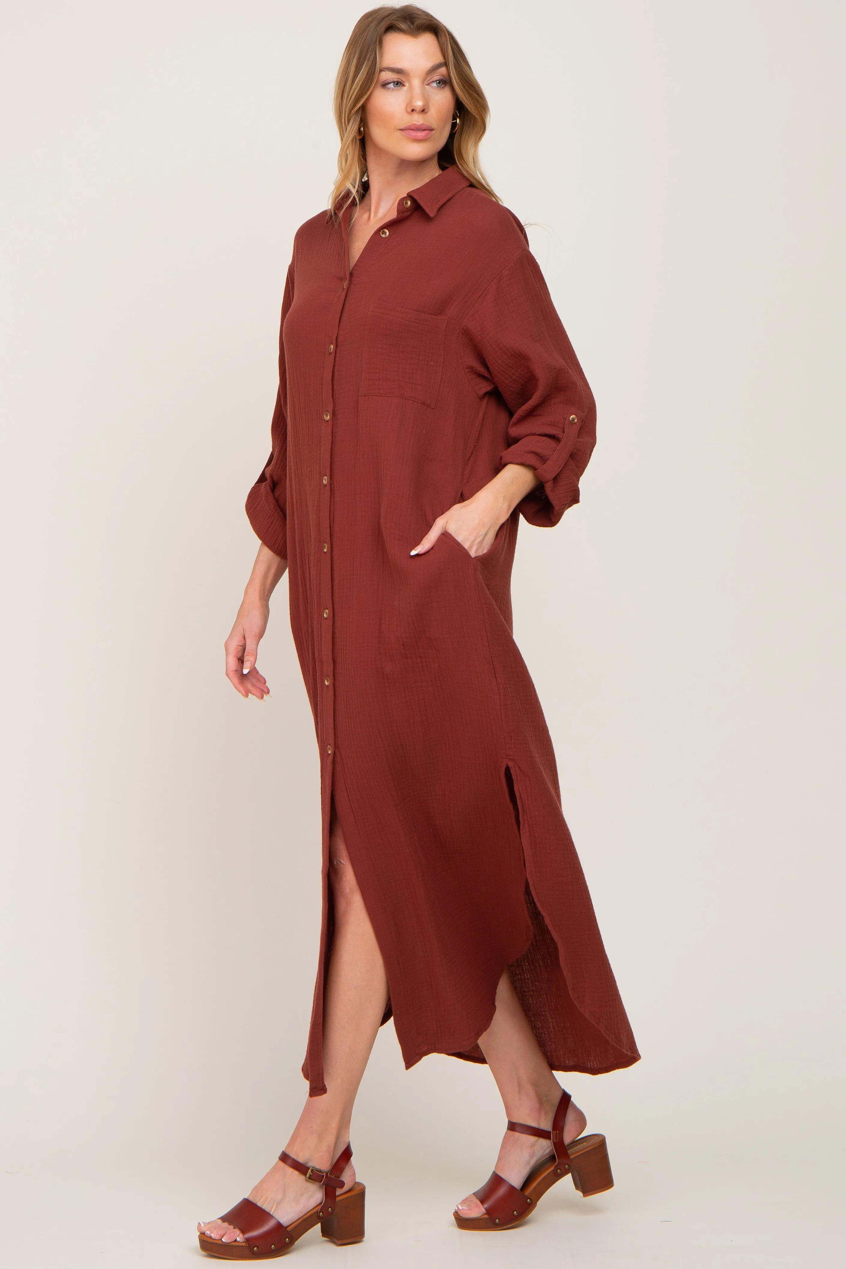 Rust Button Down 3/4 Sleeve Midi Dress sold by Pinkblush product image thumbnail 2