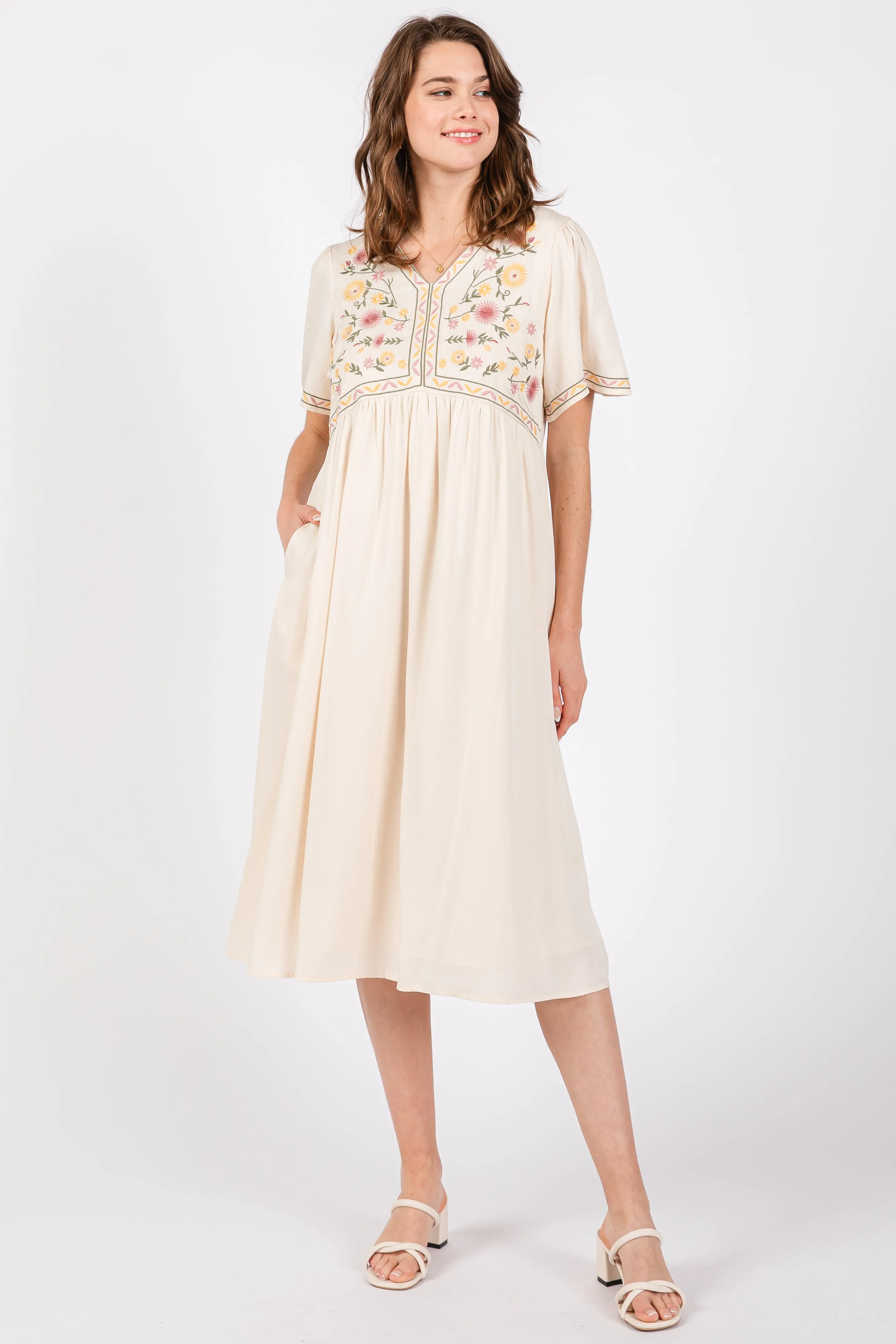 Cream Short Sleeve V-Neck Midi Dress sold by Pinkblush product image thumbnail 2