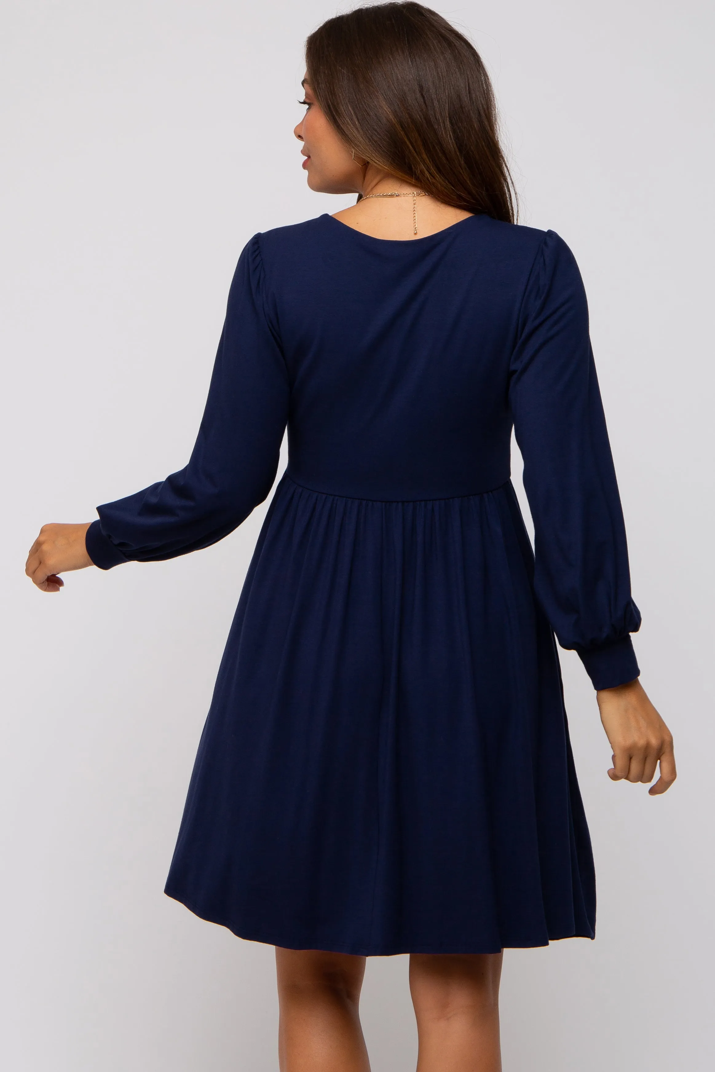 Navy Long Puff Sleeve Maternity Dress sold by Pinkblush product image thumbnail 3