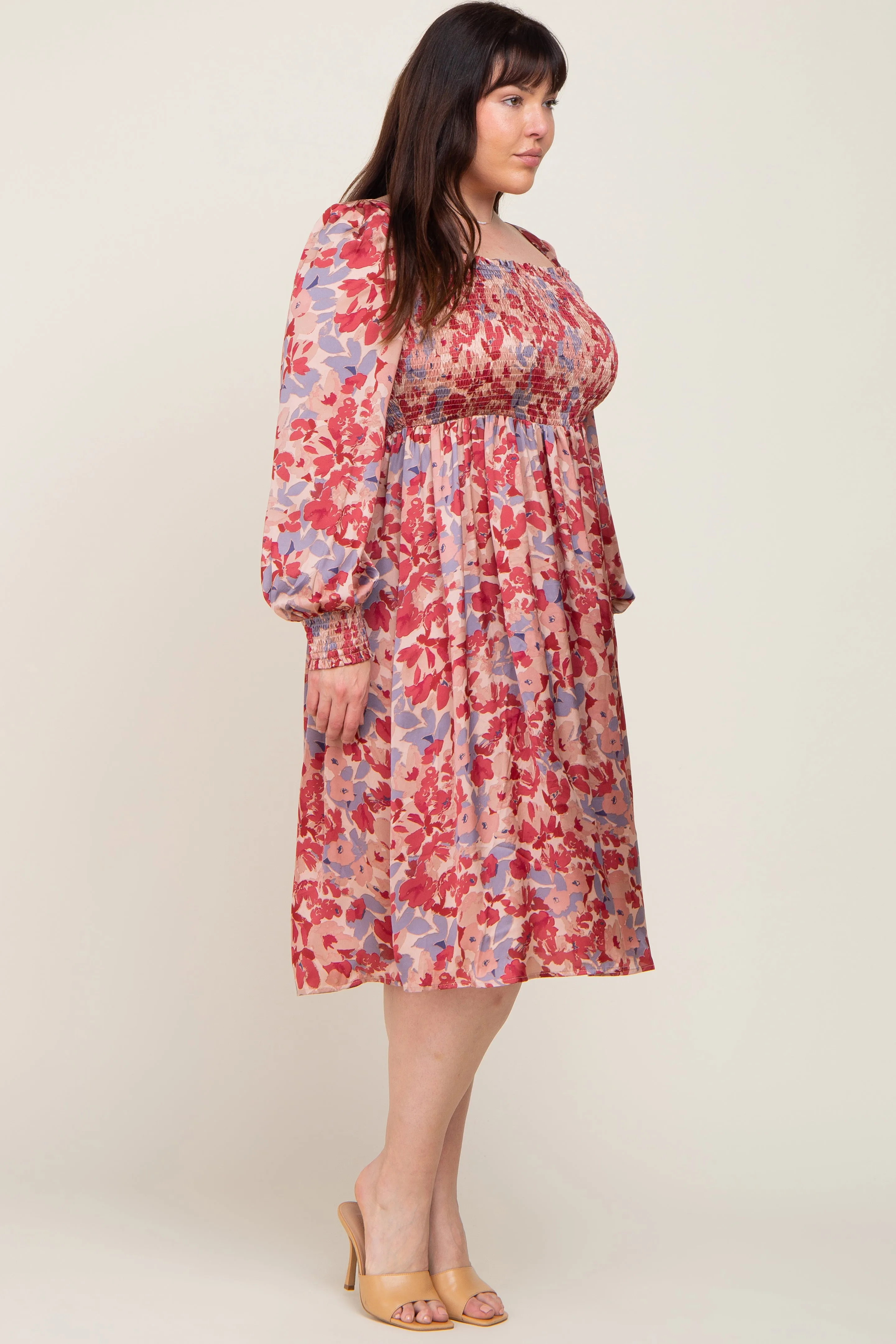 Burgundy Floral Smocked Plus Satin Dress sold by Pinkblush product image thumbnail 2