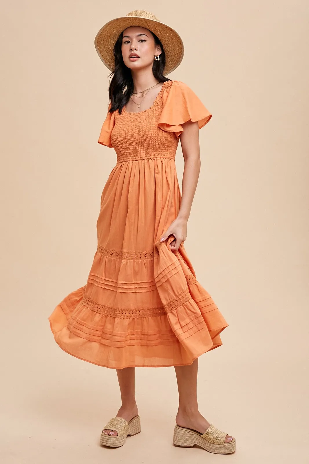 Orange Smocked Short Sleeve Midi Dress sold by Pinkblush