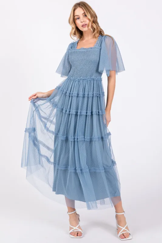 Blue Ruffled Mesh Maxi Dress sold by Pinkblush