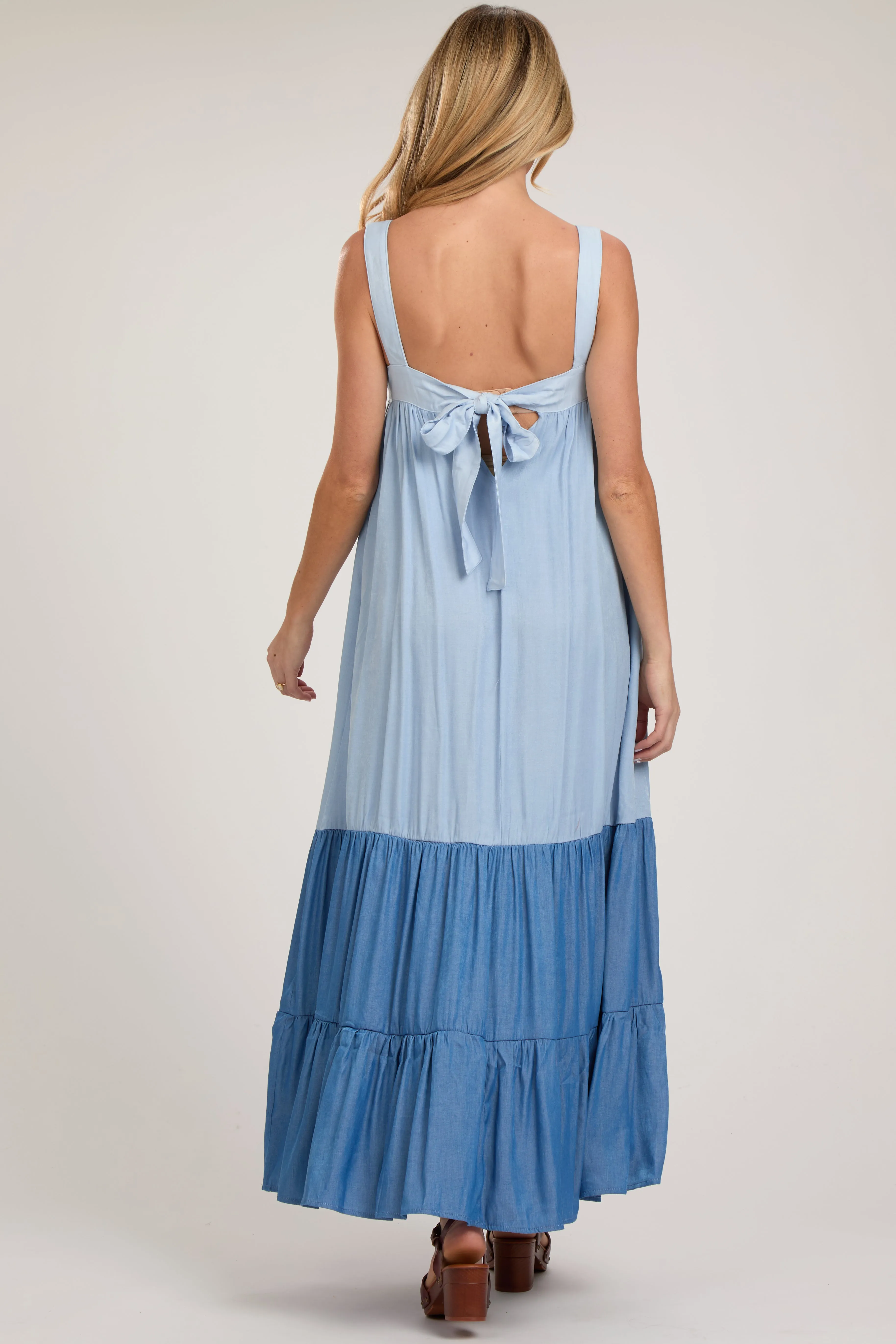 Blue Sleeveless Tiered Tie Back Maternity Maxi Dress sold by Pinkblush product image thumbnail 3
