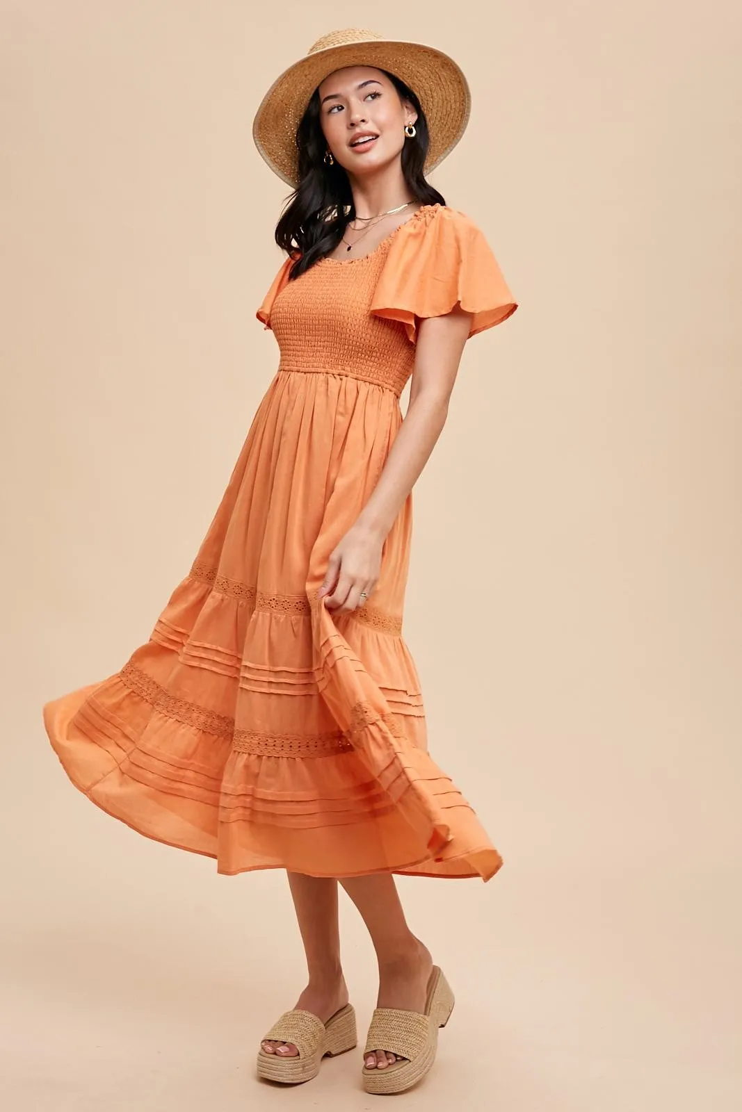 Orange Smocked Short Sleeve Midi Dress sold by Pinkblush product image thumbnail 2