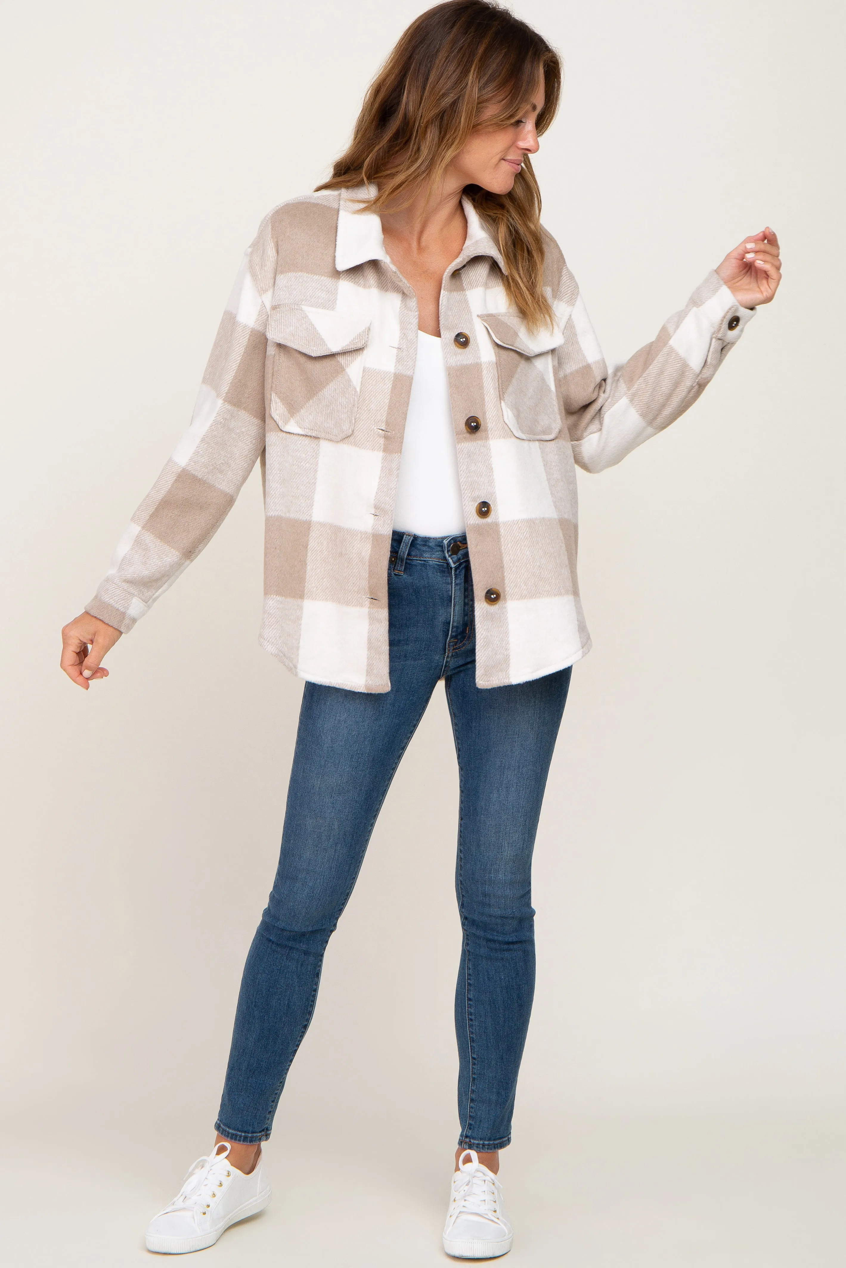 Beige Plaid Knit Shirt Jacket sold by Pinkblush product image thumbnail 4