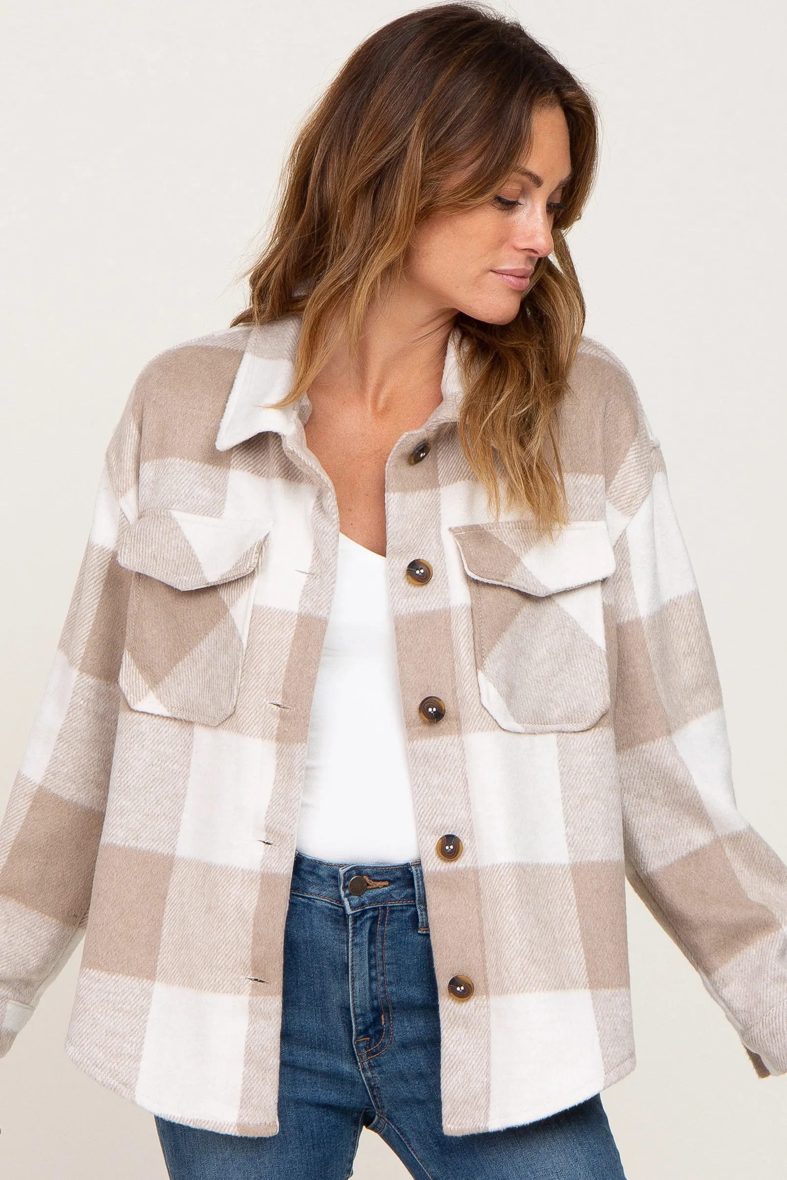 Beige Plaid Knit Shirt Jacket sold by Pinkblush