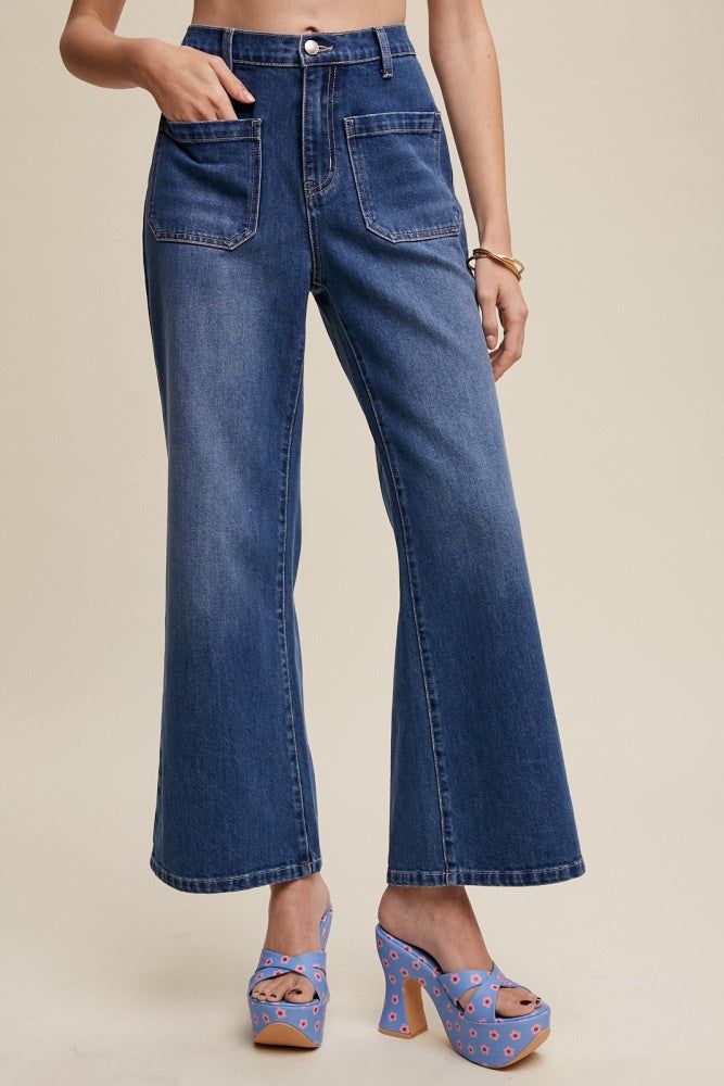 Denim High Rise Ankle Flare Jeans With Patch Pockets sold by Pinkblush product image thumbnail 2