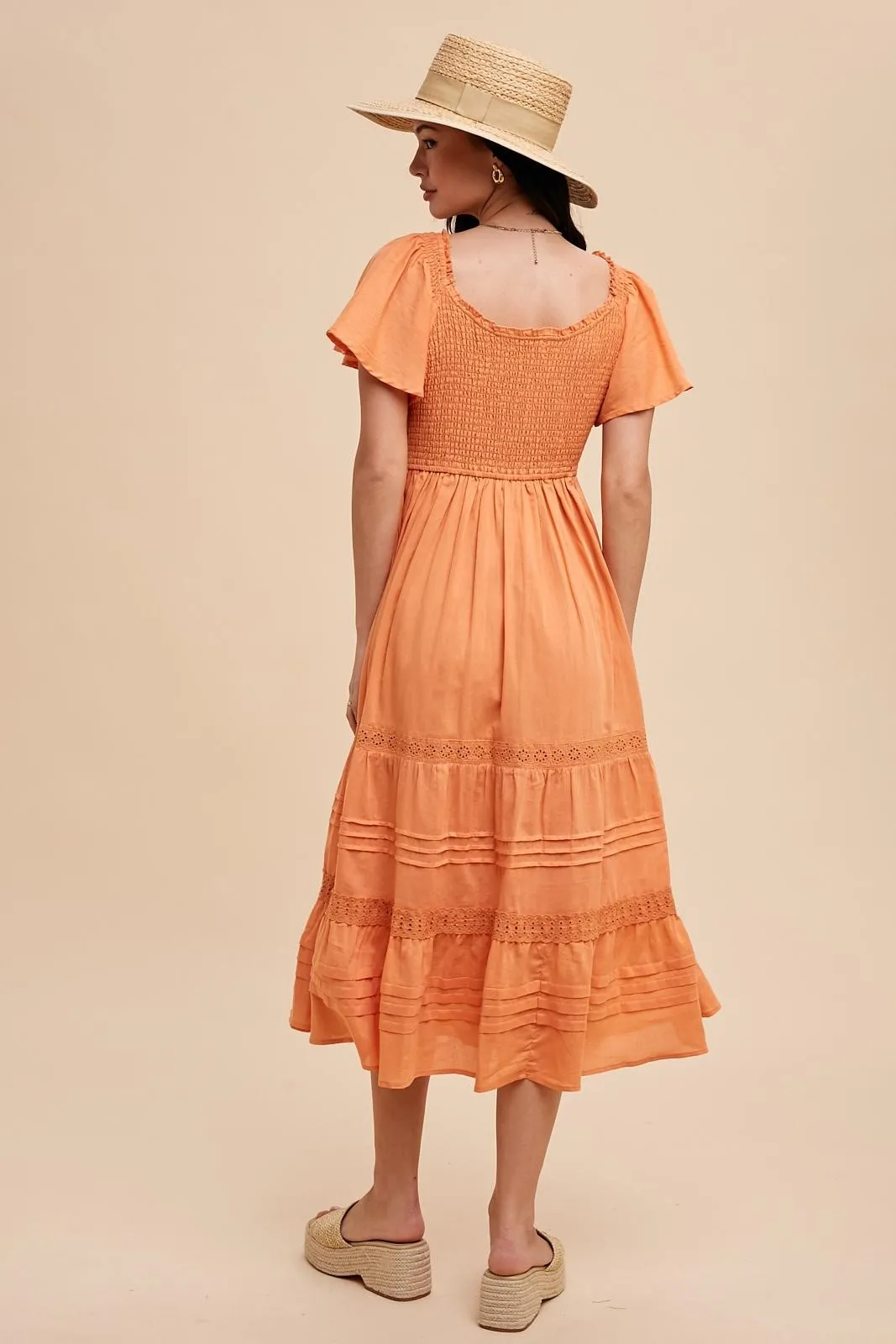 Orange Smocked Short Sleeve Midi Dress sold by Pinkblush product image thumbnail 3