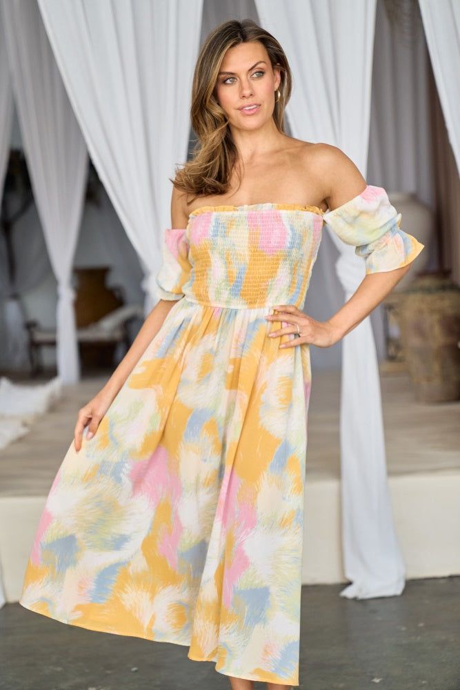 Yellow Blue Cream Printed Midi Dress sold by Pinkblush
