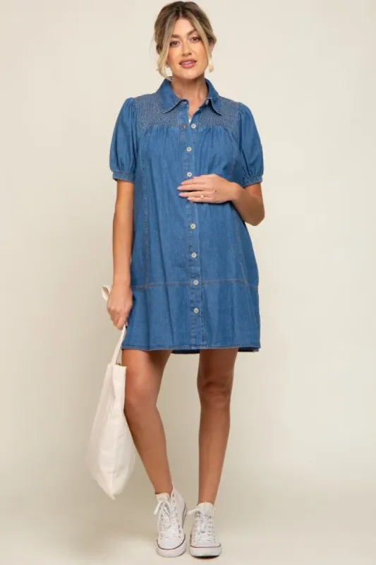 Blue Denim Smocked Button Up Maternity Dress sold by Pinkblush