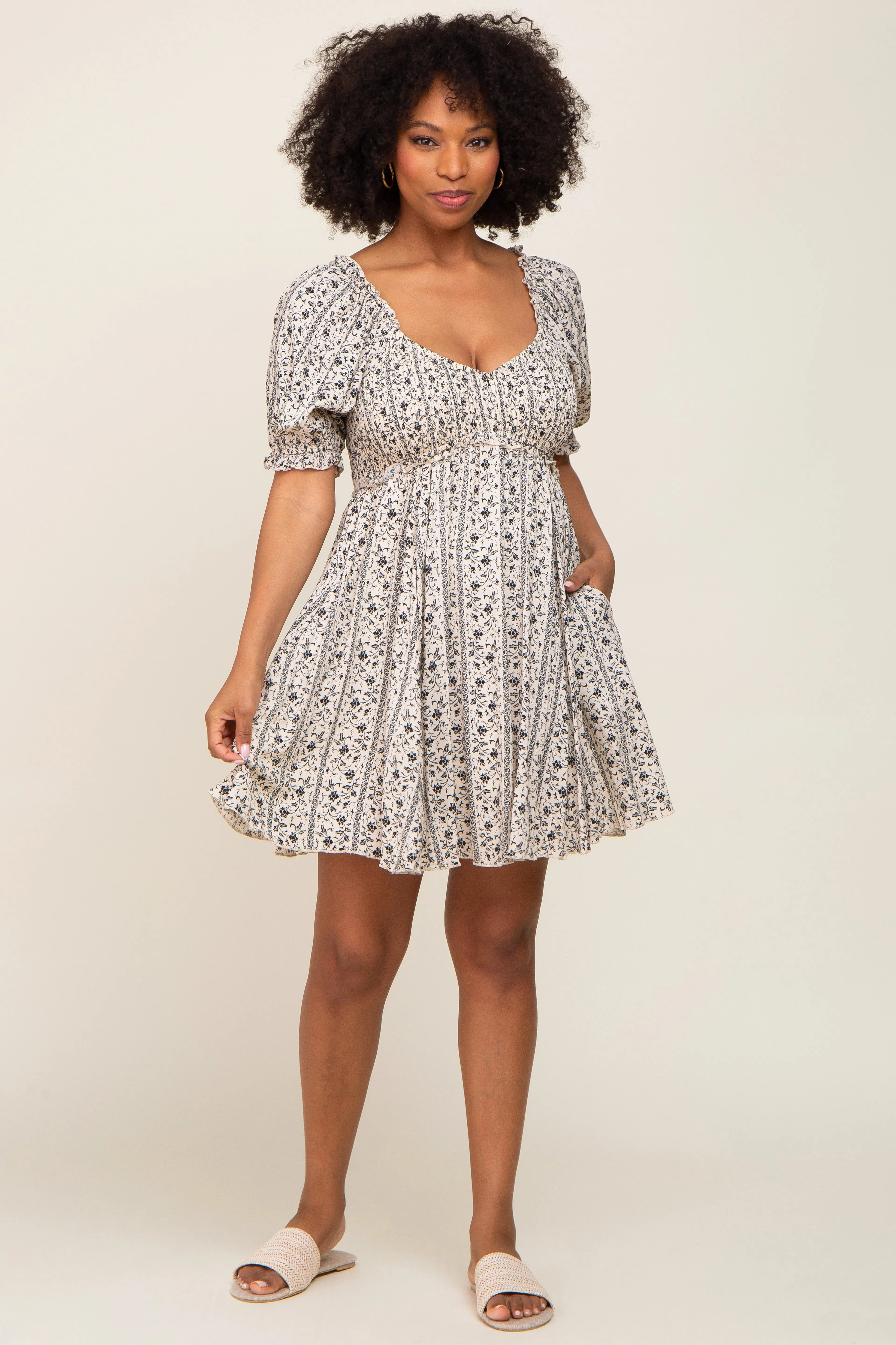Cream Floral Puff Sleeve Smocked Mini Dress sold by Pinkblush product image thumbnail 4