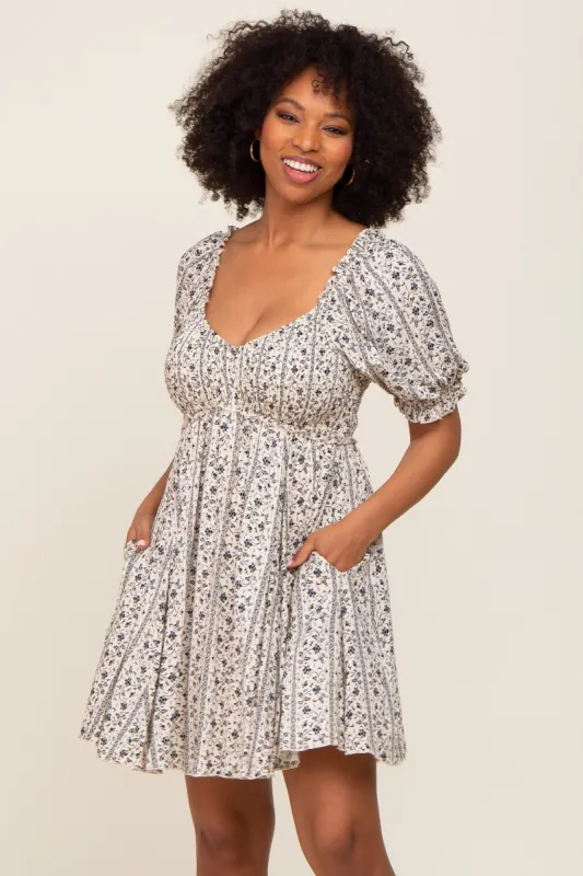 Cream Floral Puff Sleeve Smocked Mini Dress sold by Pinkblush
