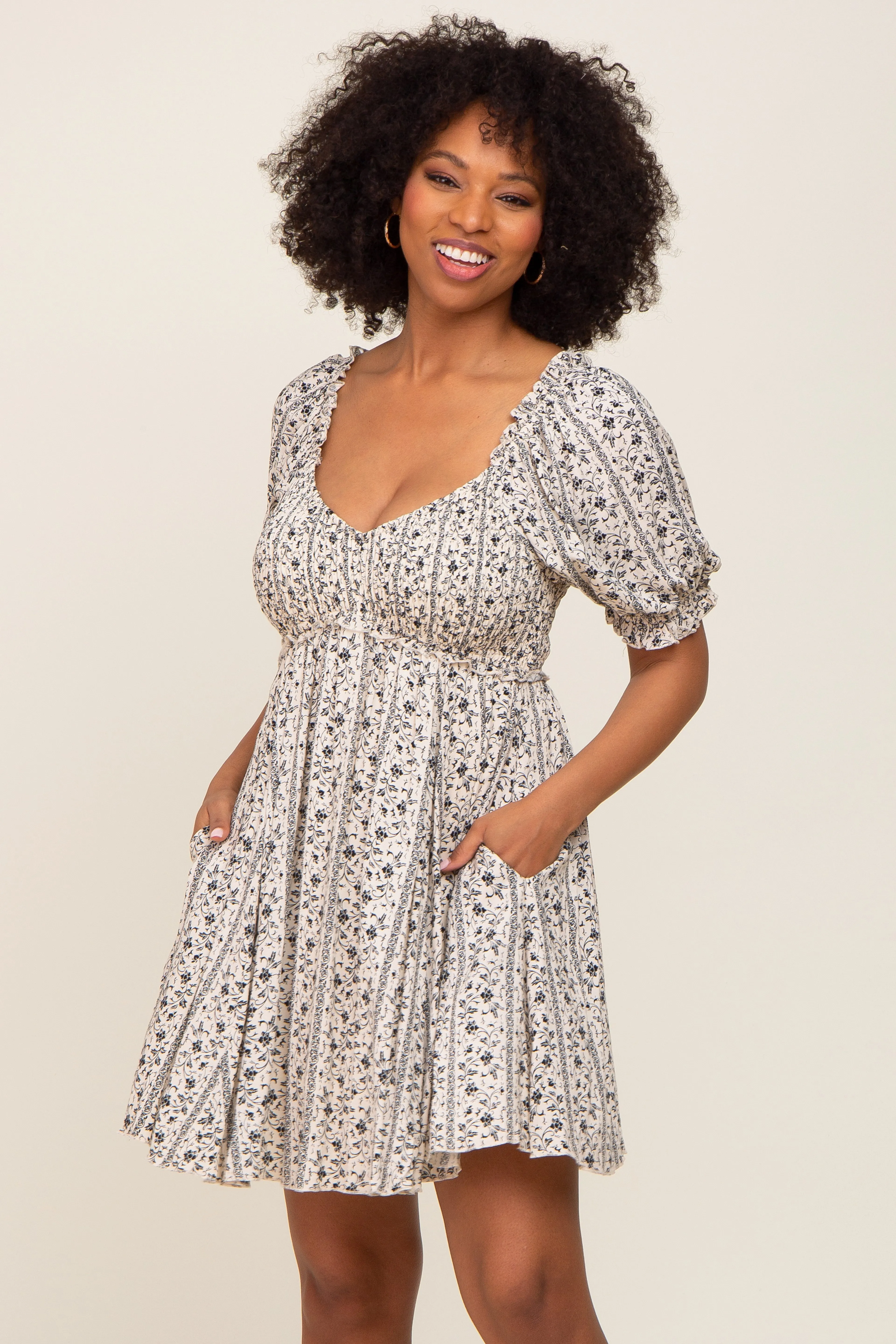 Cream Floral Puff Sleeve Smocked Mini Dress sold by Pinkblush