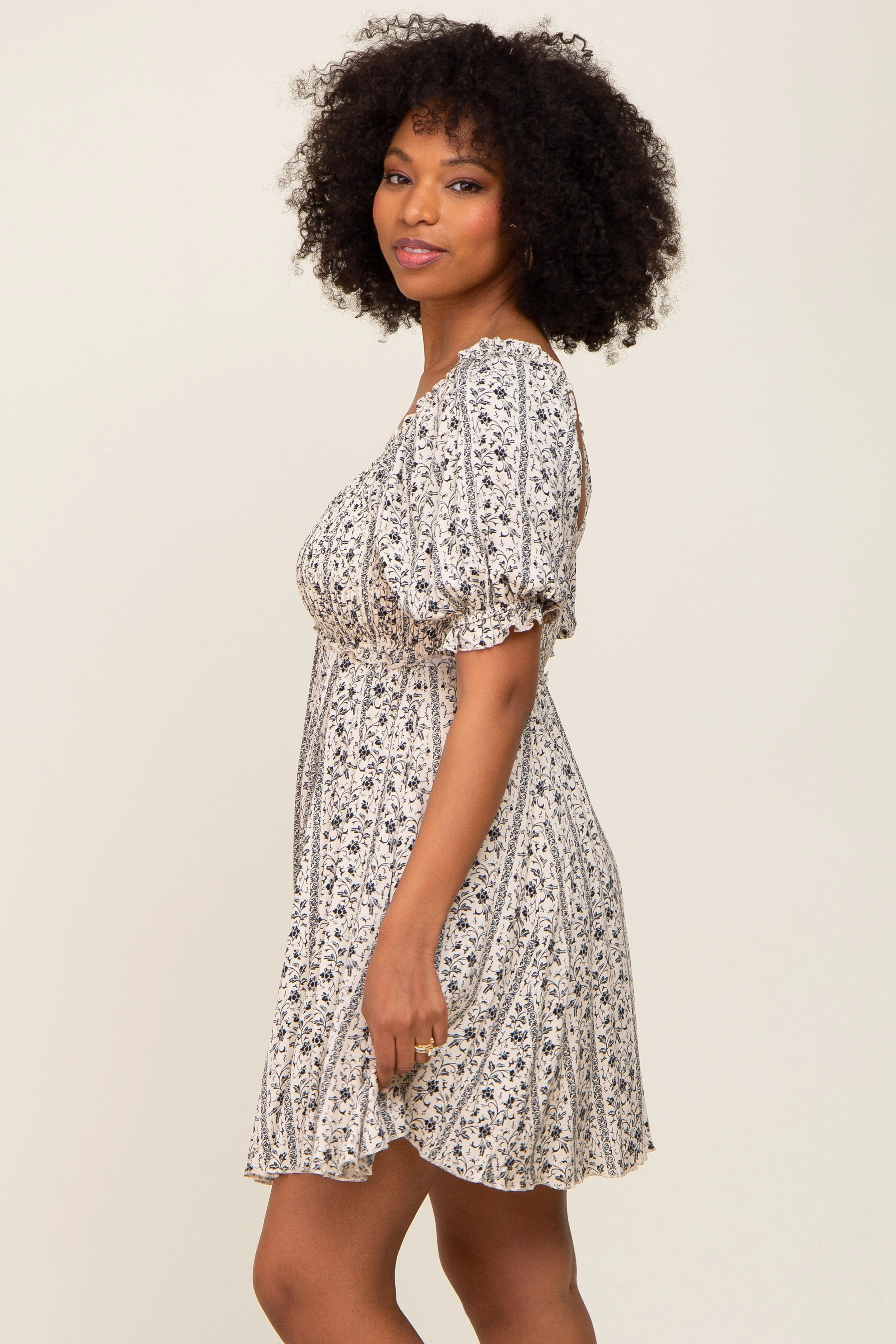 Cream Floral Puff Sleeve Smocked Mini Dress sold by Pinkblush product image thumbnail 2