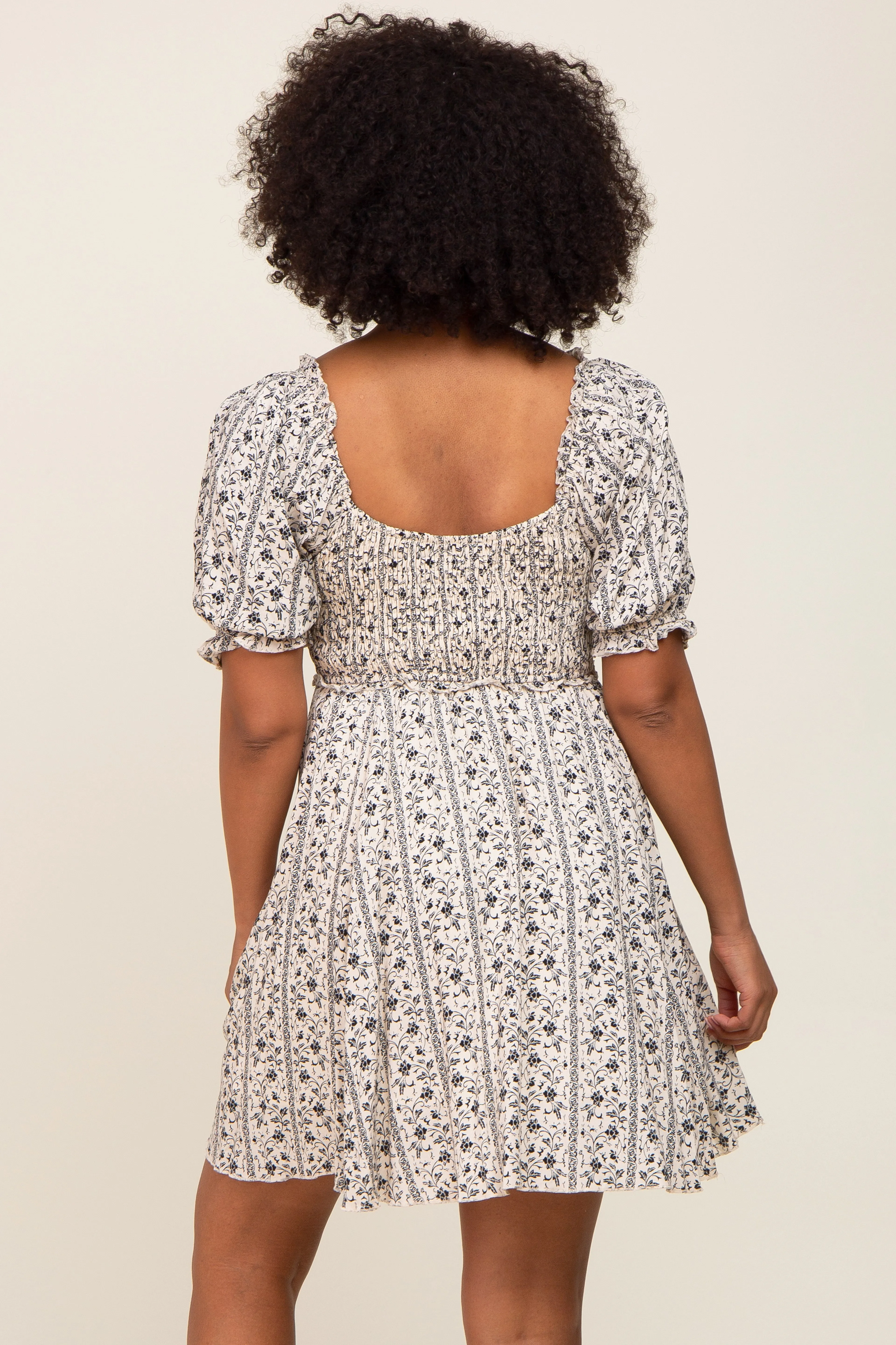 Cream Floral Puff Sleeve Smocked Mini Dress sold by Pinkblush product image thumbnail 3