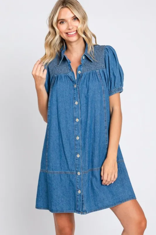 Blue Denim Smocked Button Up Dress sold by Pinkblush
