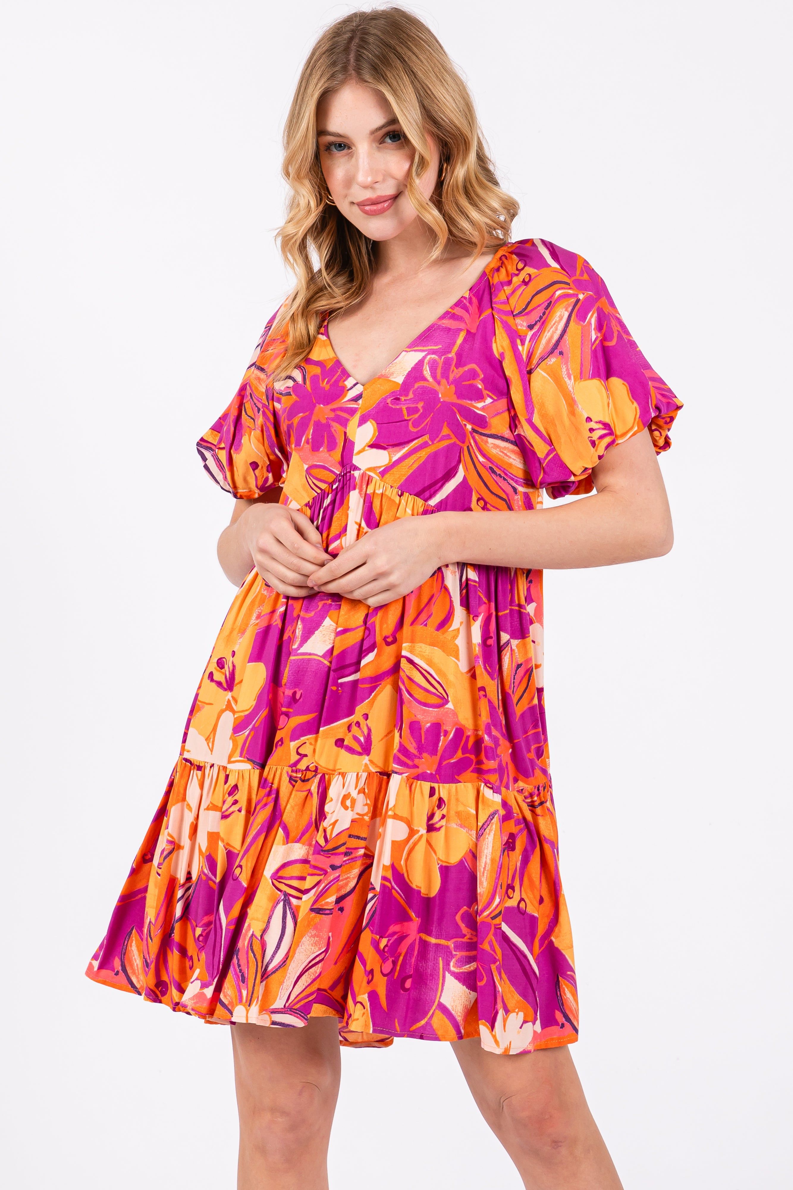 Magenta Floral Puff Sleeve Dress sold by Pinkblush product image thumbnail 2