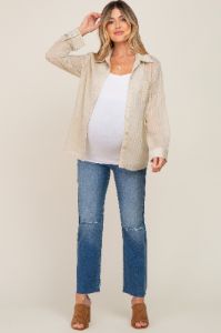 Light Olive Textured Stripe Collared Button-Down Long Sleeve Maternity Top sold by Pinkblush
