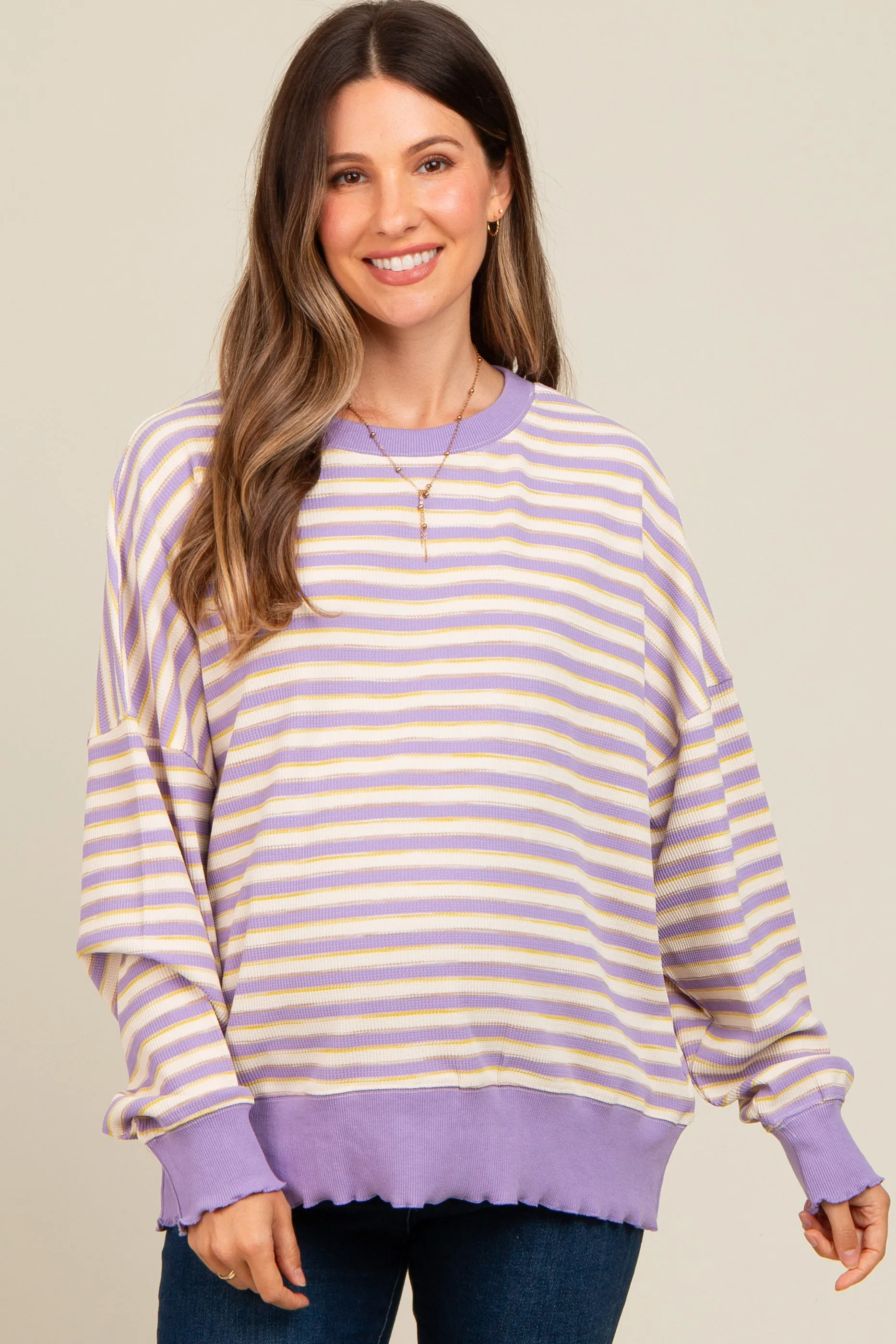Lavender Striped Ruffle Hem Maternity Long Sleeve Top sold by Pinkblush product image thumbnail 2