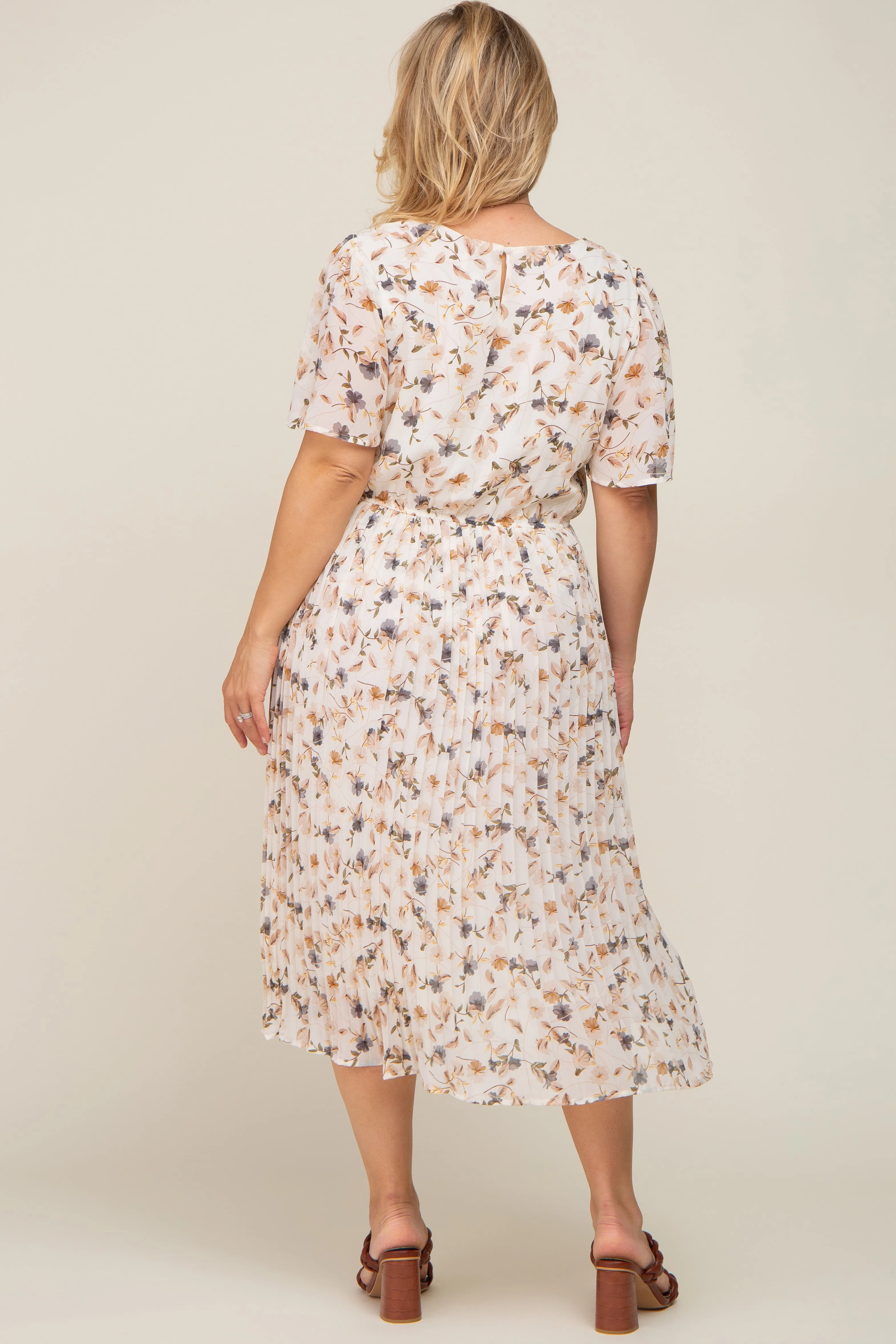 Ivory Floral Chiffon Pleated Short Sleeve Maternity Plus Midi Dress sold by Pinkblush product image thumbnail 3