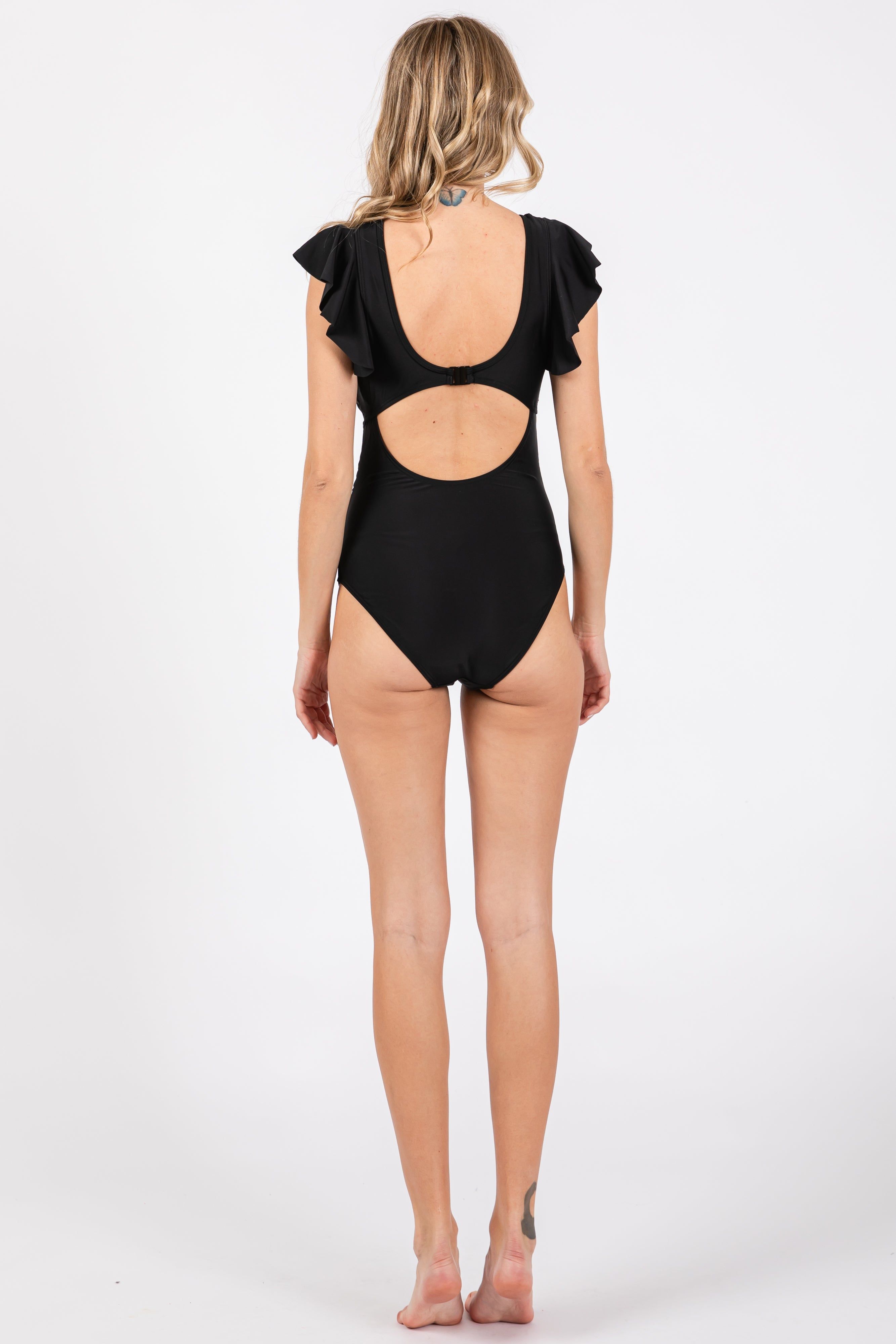 Black Crochet Detail Ruched One Piece Swimsuit sold by Pinkblush product image thumbnail 4