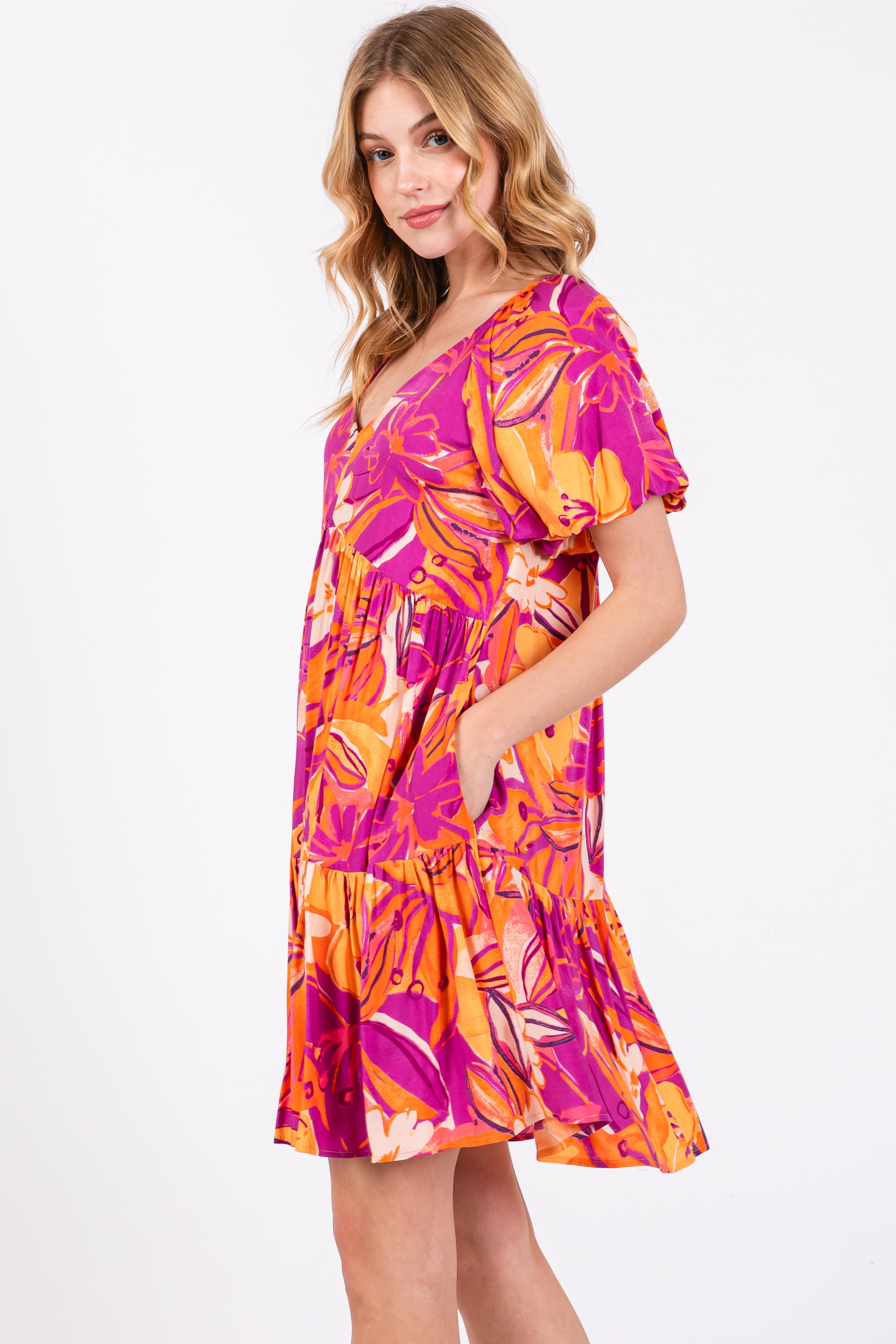 Magenta Floral Puff Sleeve Dress sold by Pinkblush product image thumbnail 3