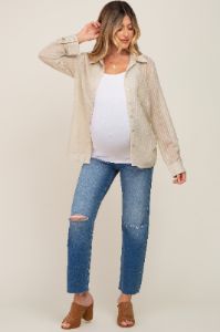 Light Olive Textured Stripe Collared Button-Down Long Sleeve Maternity Top sold by Pinkblush