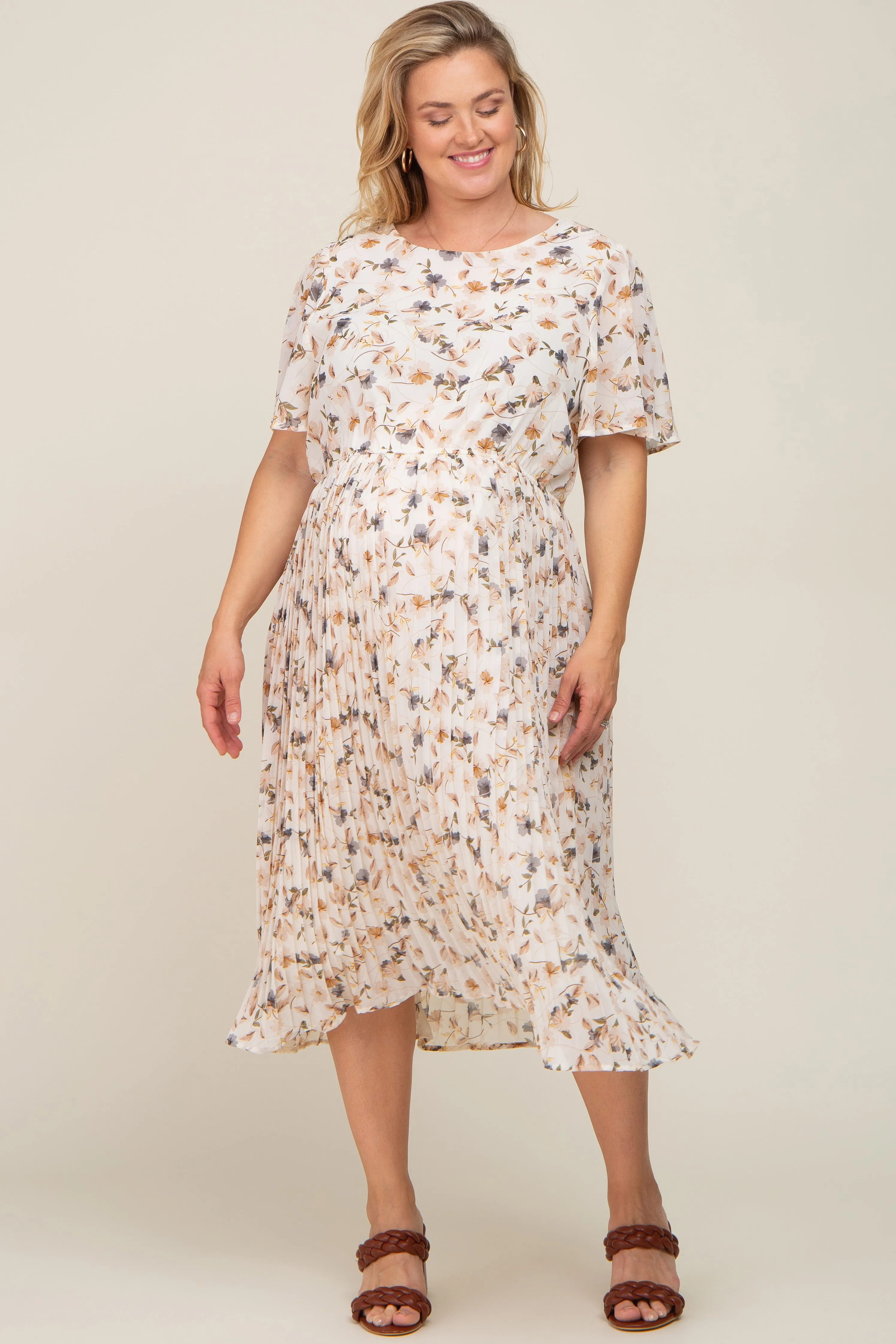 Ivory Floral Chiffon Pleated Short Sleeve Maternity Plus Midi Dress sold by Pinkblush product image thumbnail 4