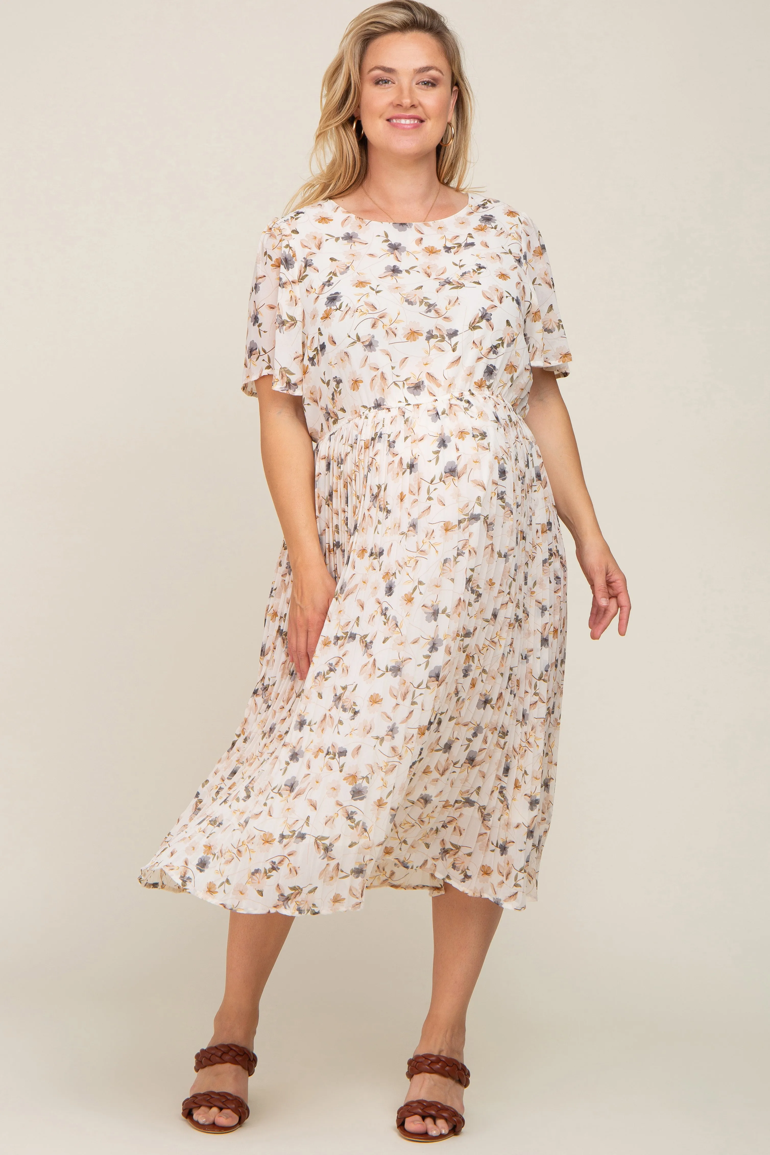 Ivory Floral Chiffon Pleated Short Sleeve Maternity Plus Midi Dress sold by Pinkblush