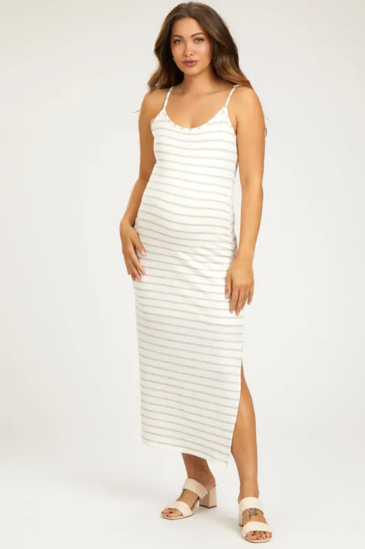 Mocha Striped Knit Side Slit Sleeveless Maternity Midi Dress sold by Pinkblush