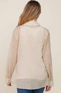 Light Olive Textured Stripe Collared Button-Down Long Sleeve Maternity Top sold by Pinkblush