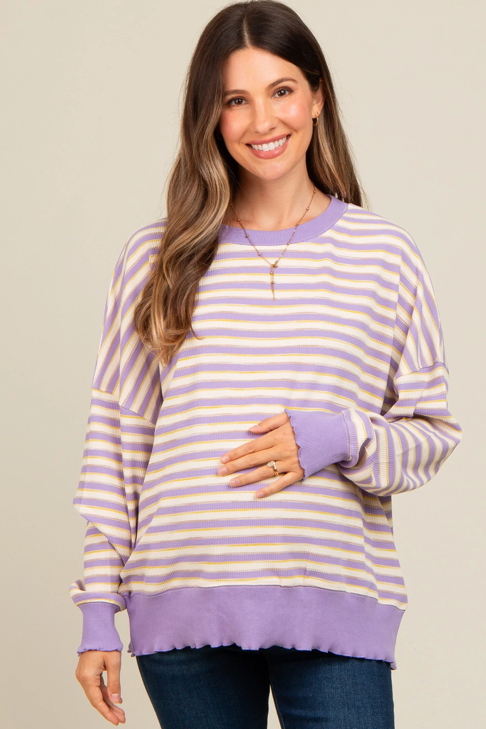 Lavender Striped Ruffle Hem Maternity Long Sleeve Top sold by Pinkblush