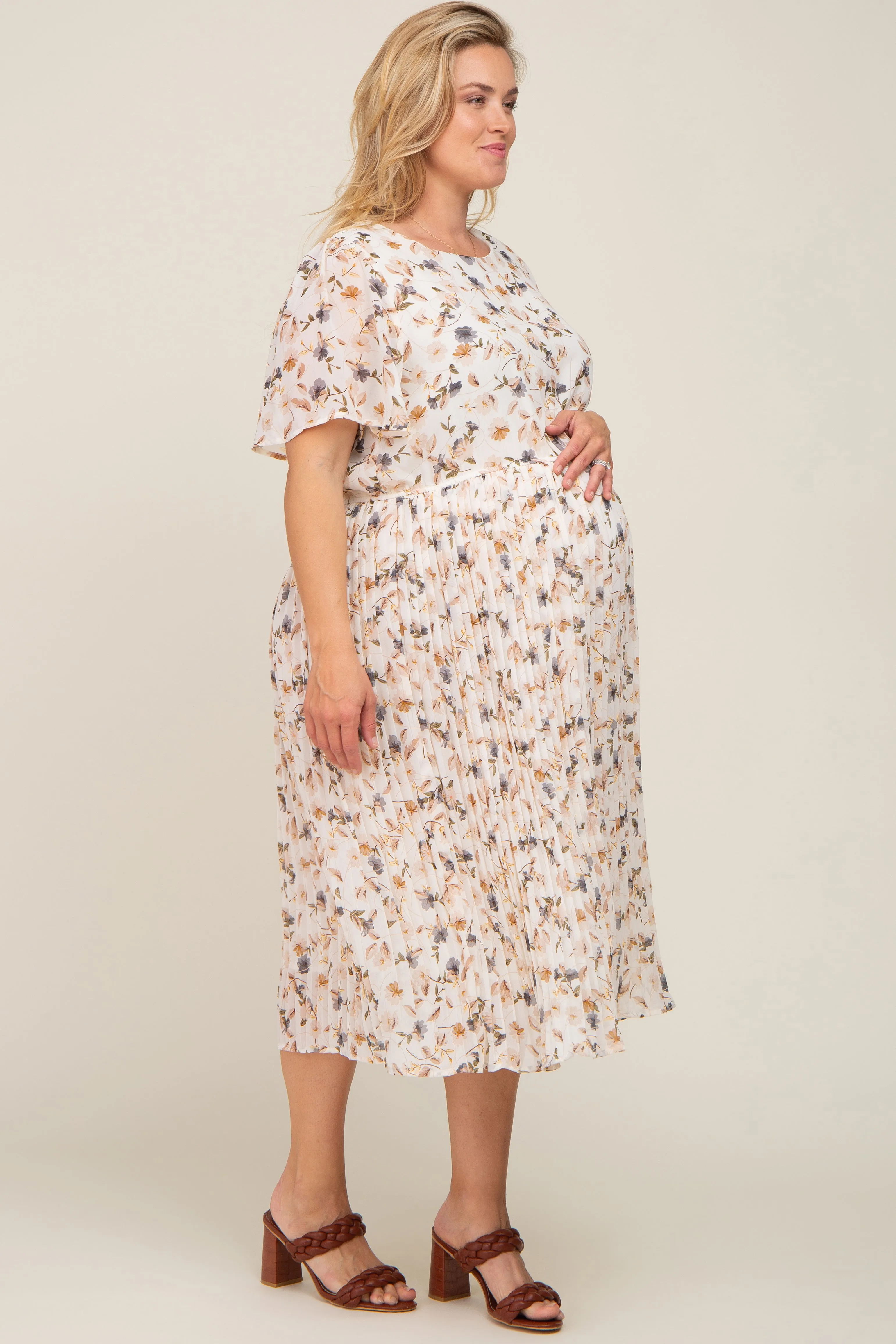 Ivory Floral Chiffon Pleated Short Sleeve Maternity Plus Midi Dress sold by Pinkblush product image thumbnail 2