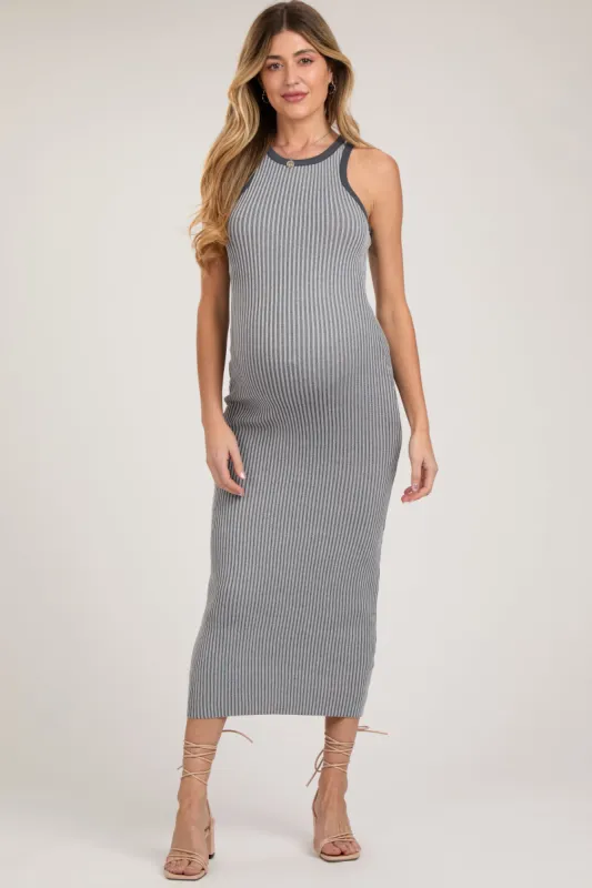 Gray Ribbed Knit Sleeveless Fitted Maternity Midi Dress sold by Pinkblush