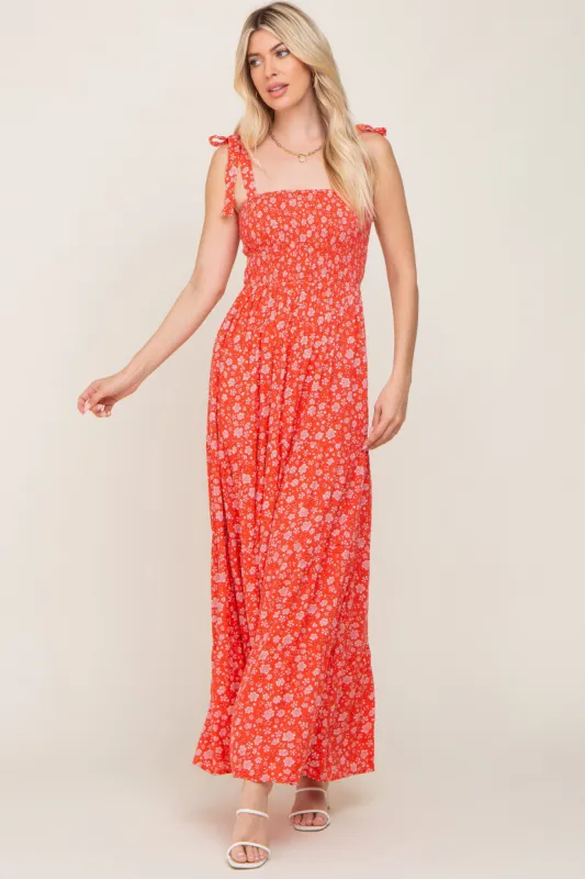 Coral Floral Square Neck Smocked Tiered Maxi Dress sold by Pinkblush