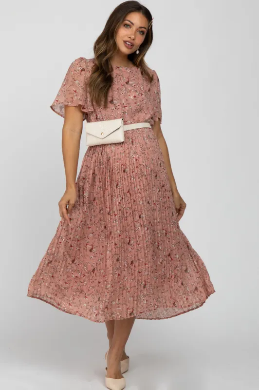 Light Pink Floral Pleated Short Sleeve Chiffon Maternity Midi Dress sold by Pinkblush