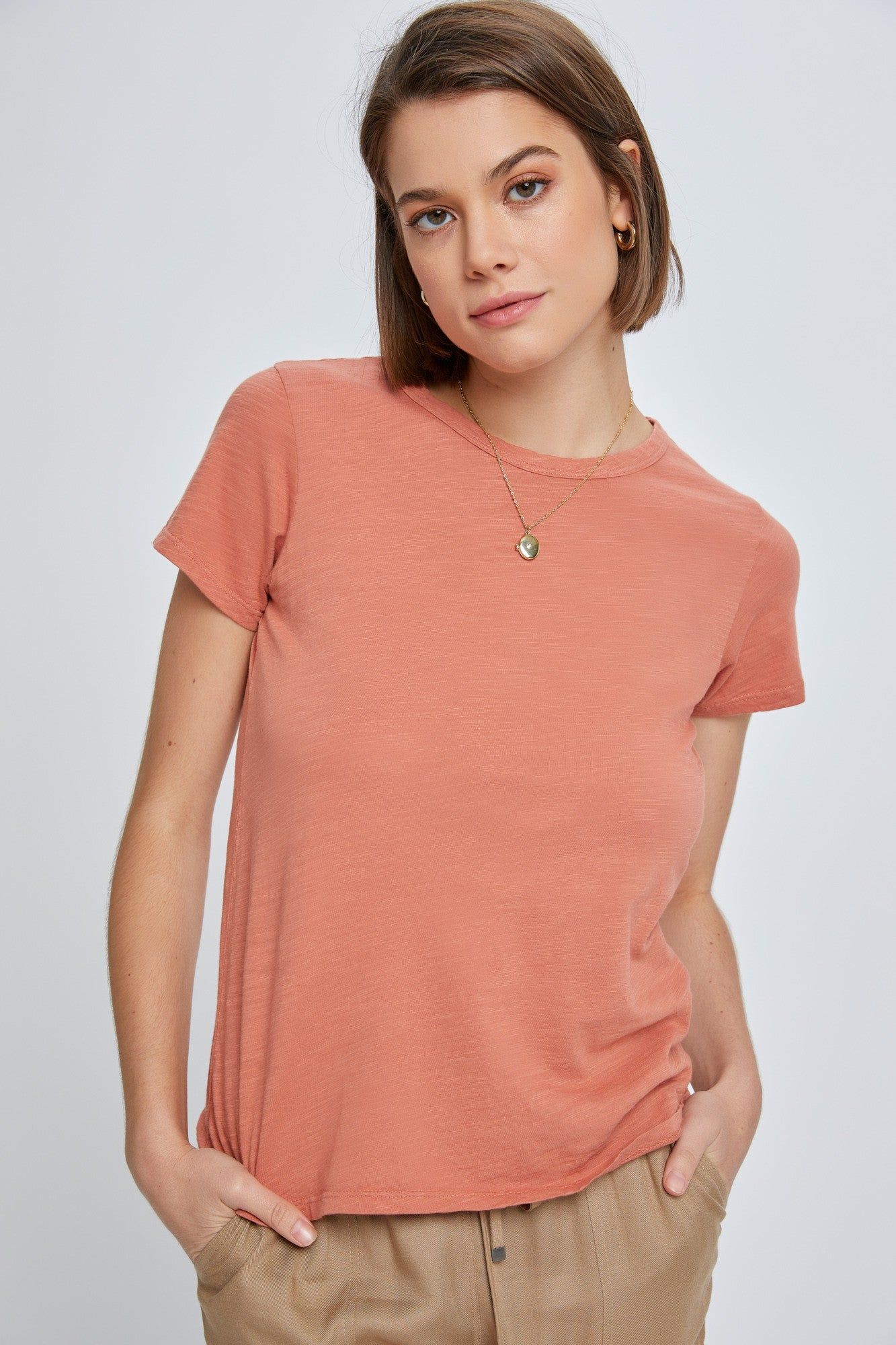 Salmon Slub Knit Cropped T-Shirt sold by Pinkblush