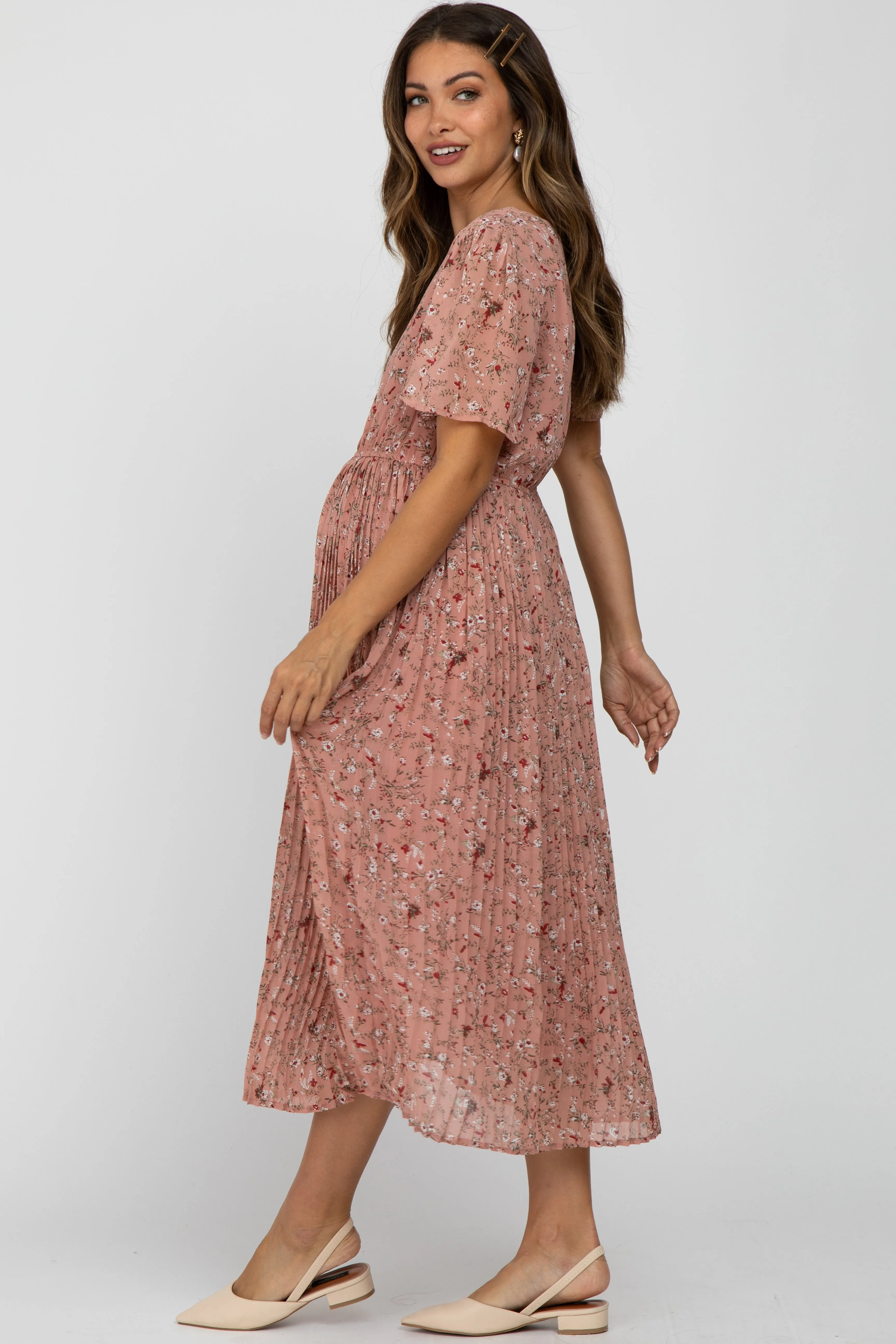 Light Pink Floral Pleated Short Sleeve Chiffon Maternity Midi Dress sold by Pinkblush product image thumbnail 4