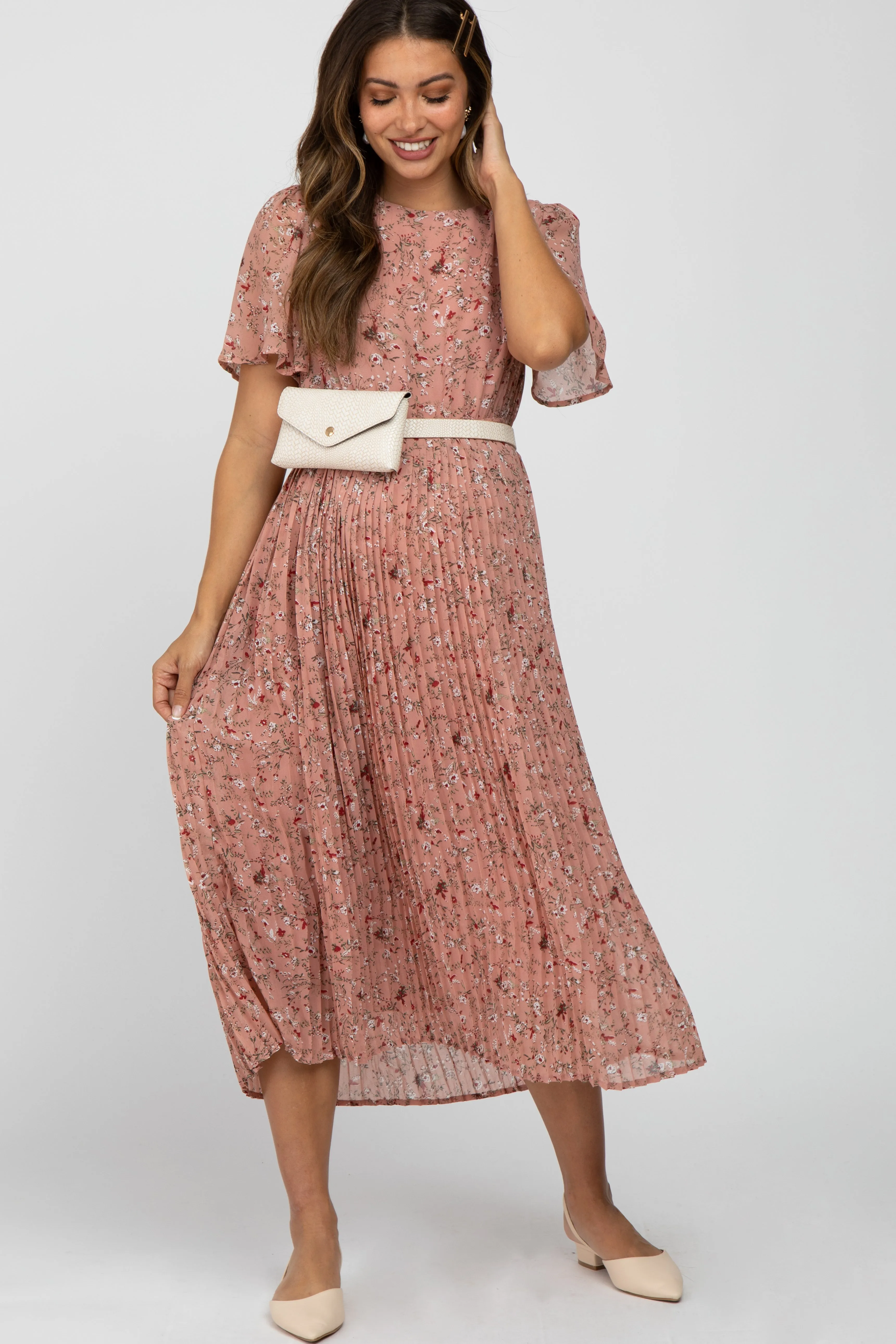Light Pink Floral Pleated Short Sleeve Chiffon Maternity Midi Dress sold by Pinkblush product image thumbnail 2