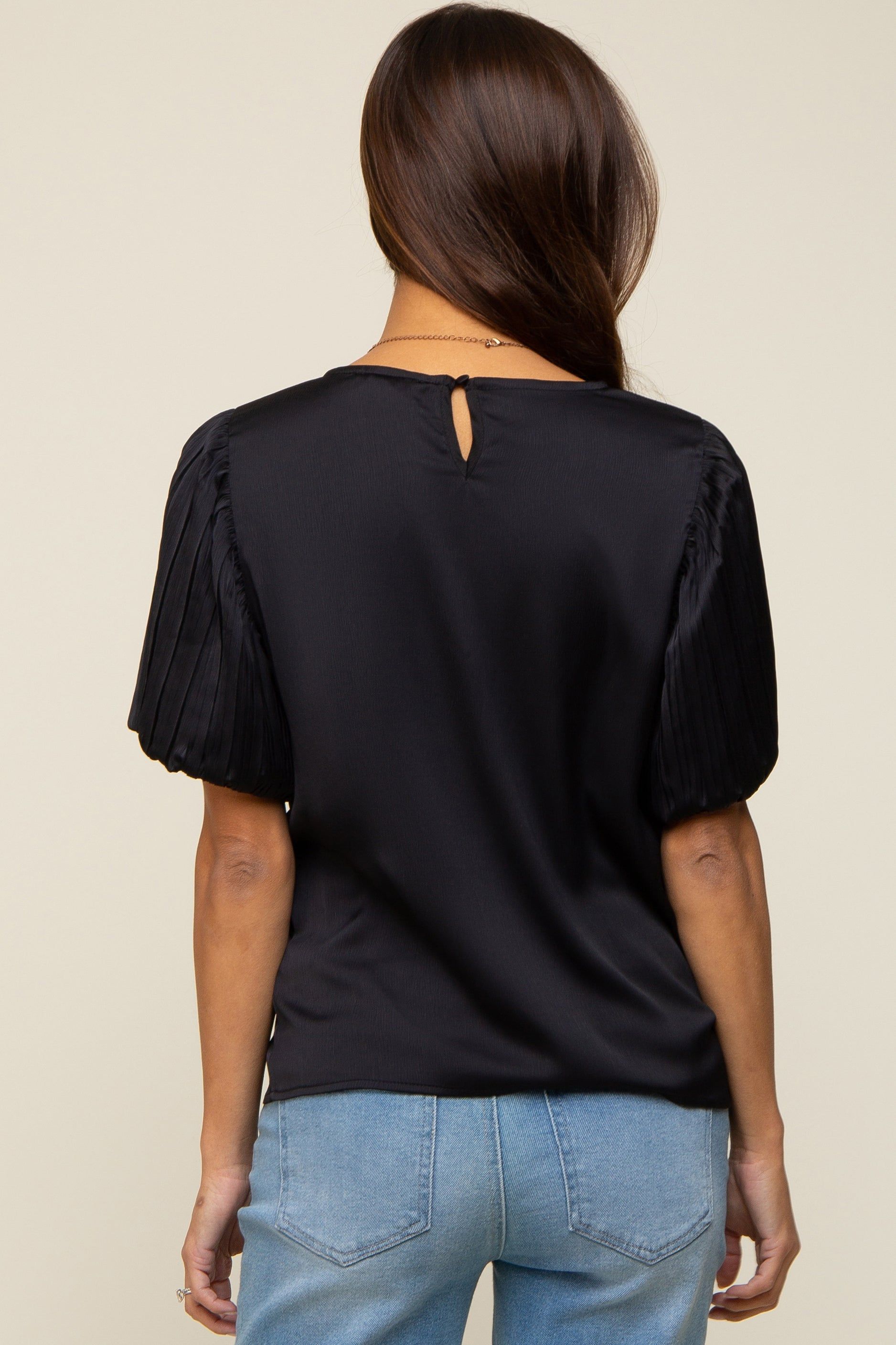 Black Satin Pleated Puff Short Sleeve Maternity Blouse sold by Pinkblush product image thumbnail 3