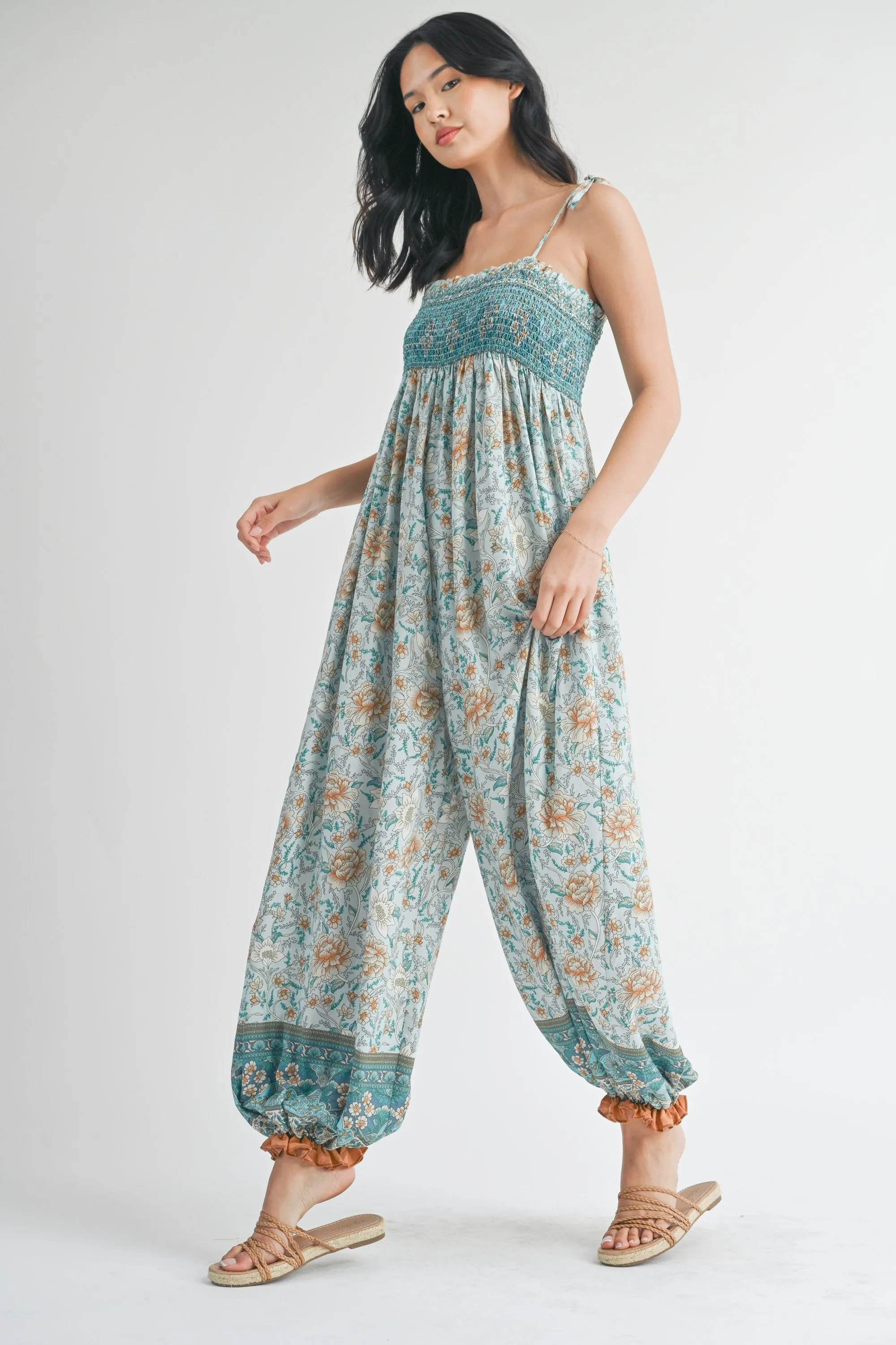 Light Blue Floral Border Print Smocked Shoulder Tie Jumpsuit sold by Pinkblush product image thumbnail 2