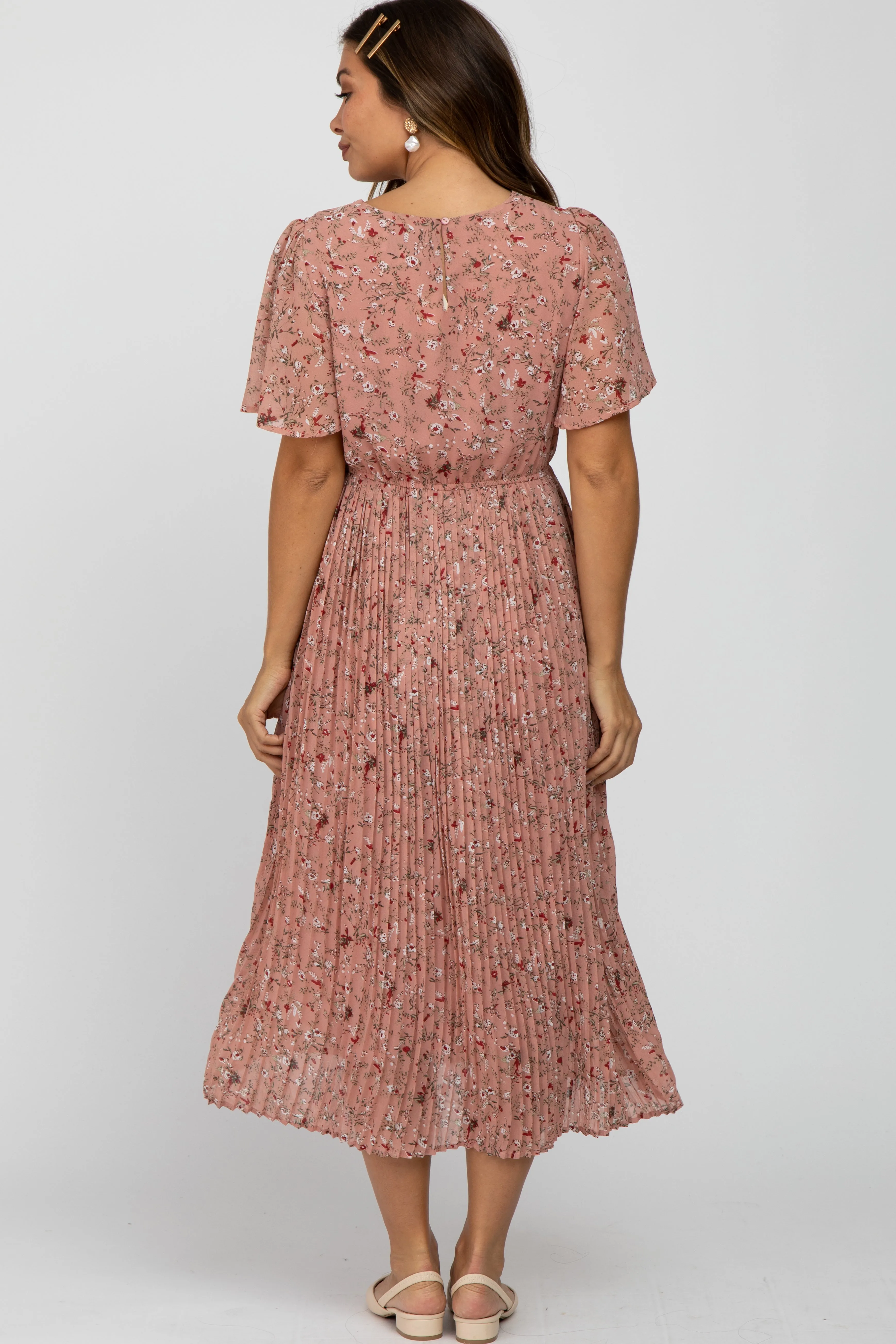 Light Pink Floral Pleated Short Sleeve Chiffon Maternity Midi Dress sold by Pinkblush product image thumbnail 5