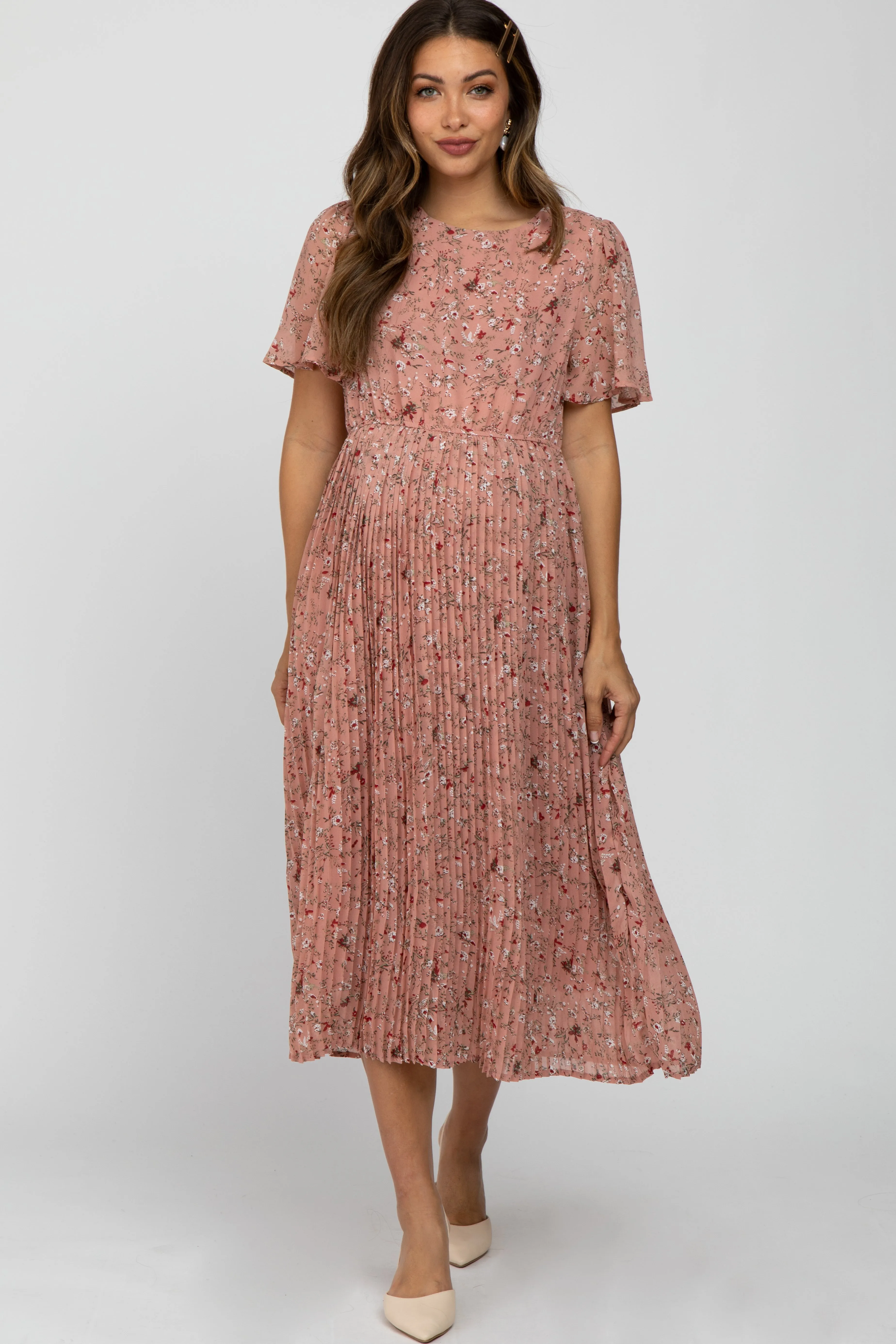 Light Pink Floral Pleated Short Sleeve Chiffon Maternity Midi Dress sold by Pinkblush product image thumbnail 3