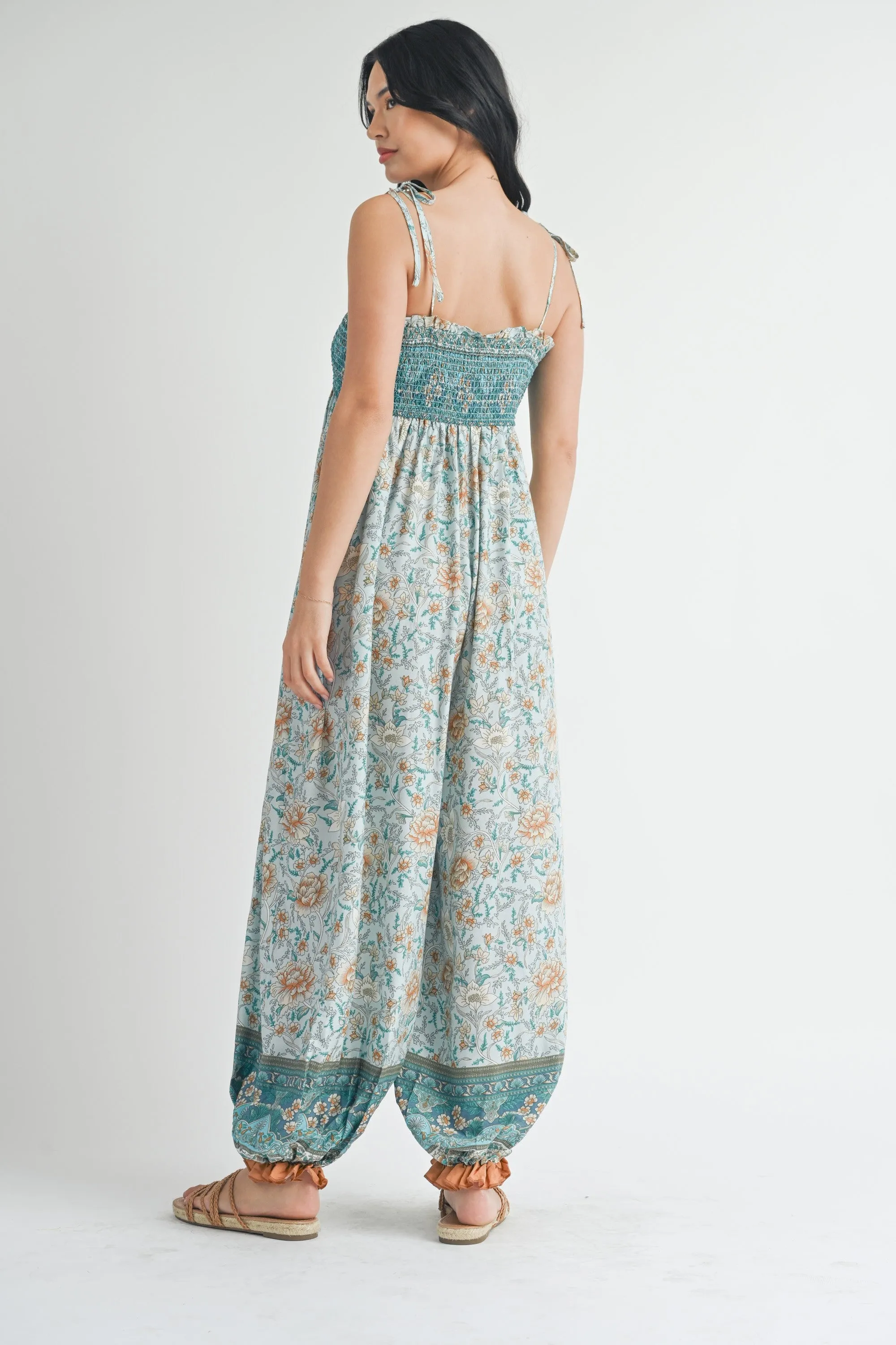 Light Blue Floral Border Print Smocked Shoulder Tie Jumpsuit sold by Pinkblush product image thumbnail 3